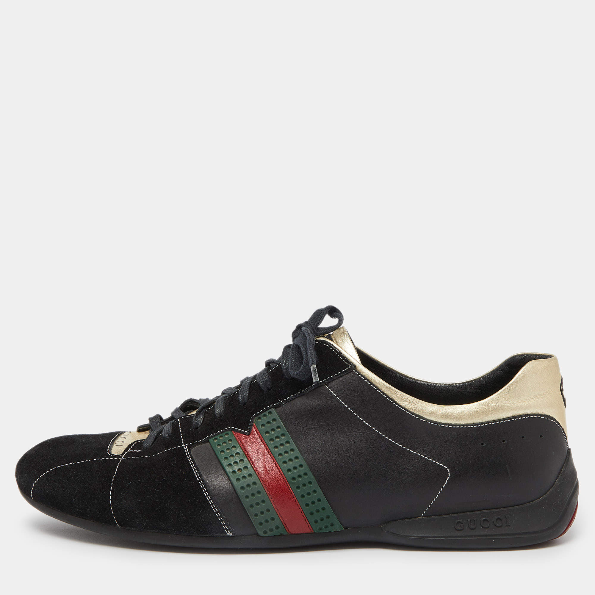 Gucci Gold/Black Leather and Suede Web Detail Low Top Sneakers Size 44.5