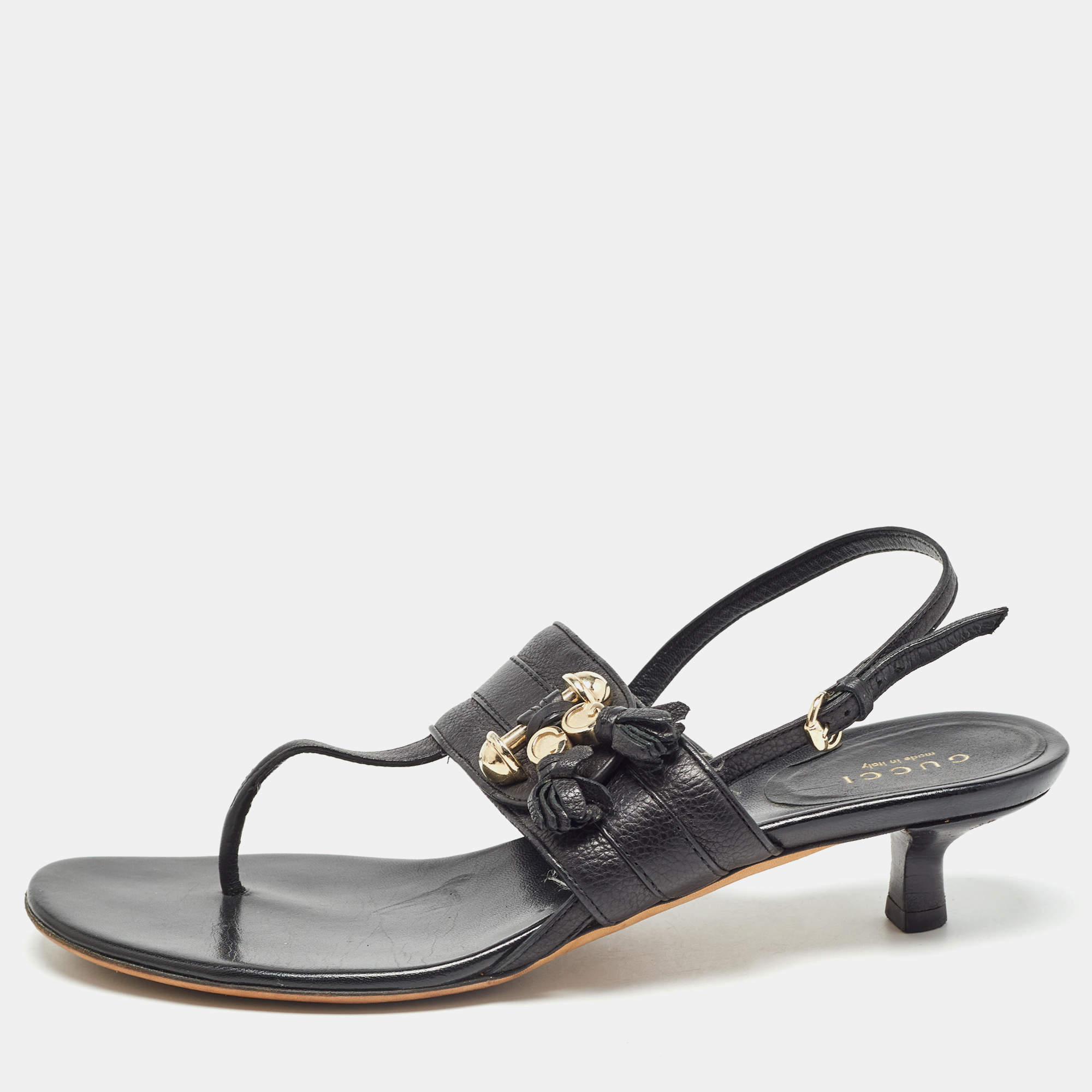 Pre Owned Gucci Black Leather Thong Slingback Sandals Size 38.5