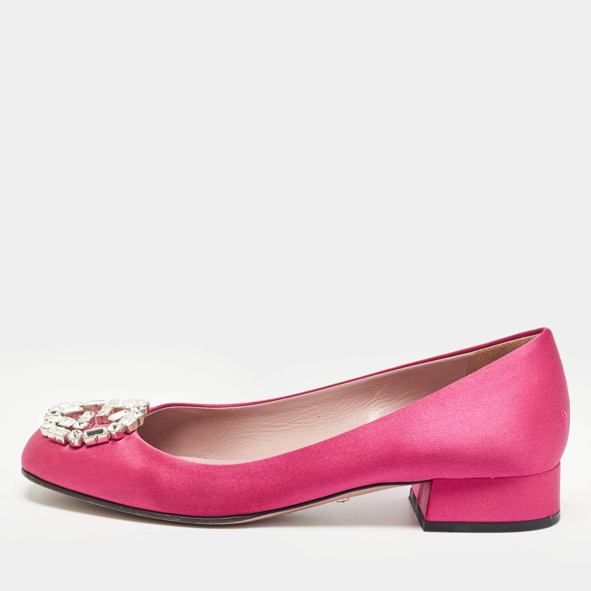 Pre Owned Gucci Pink Satin Crystal Embellished Interlocking G Pumps Size 36