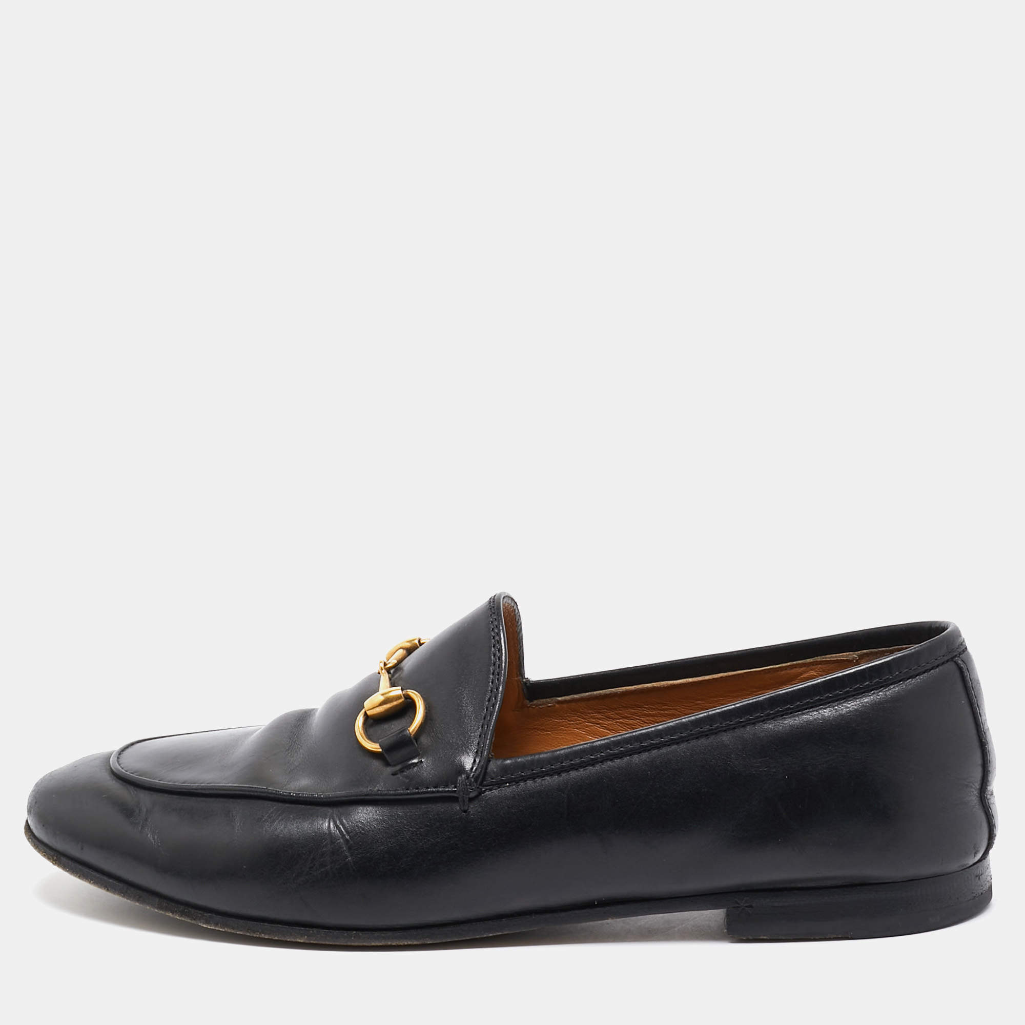 Pre Owned Gucci Black Leather Jordaan Loafers Size 37.5