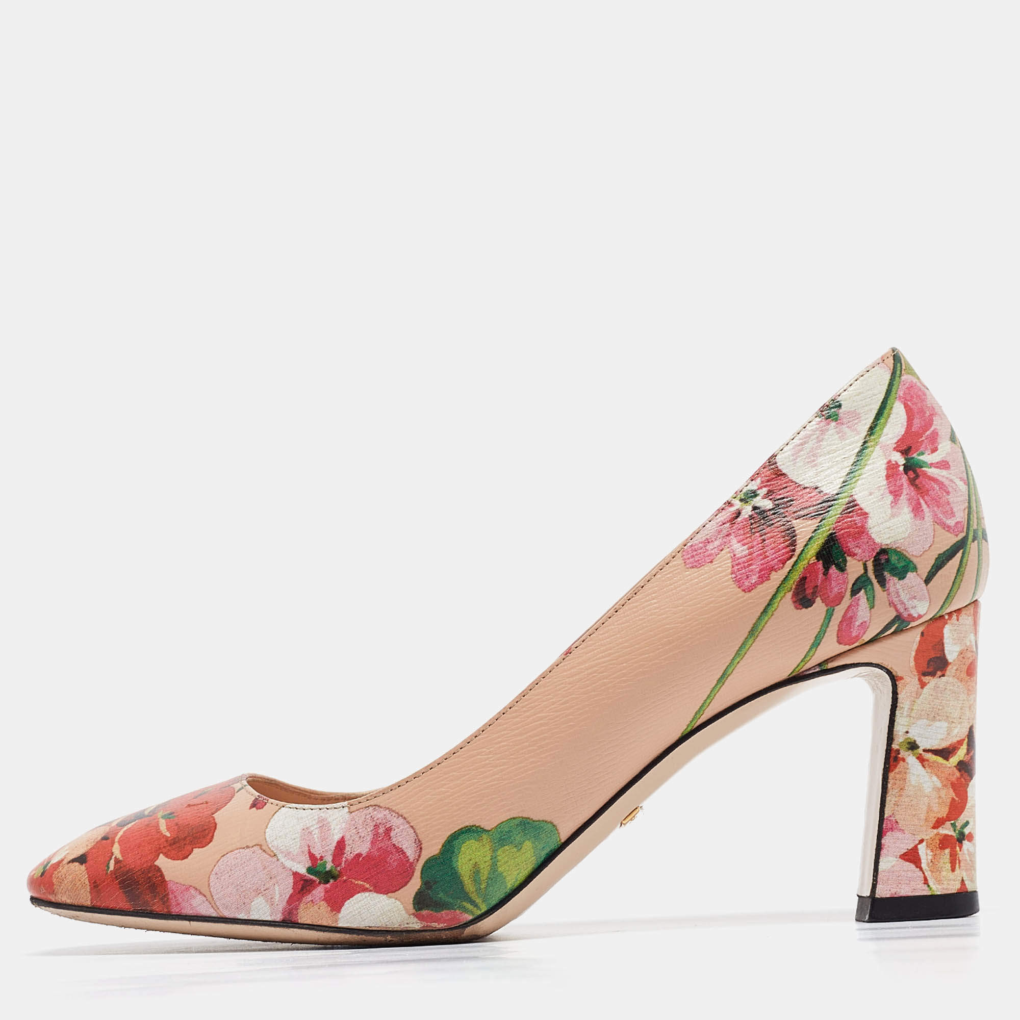 Pre Owned Gucci Beige Blooms Print Leather Block Heel Pumps Size 36.5
