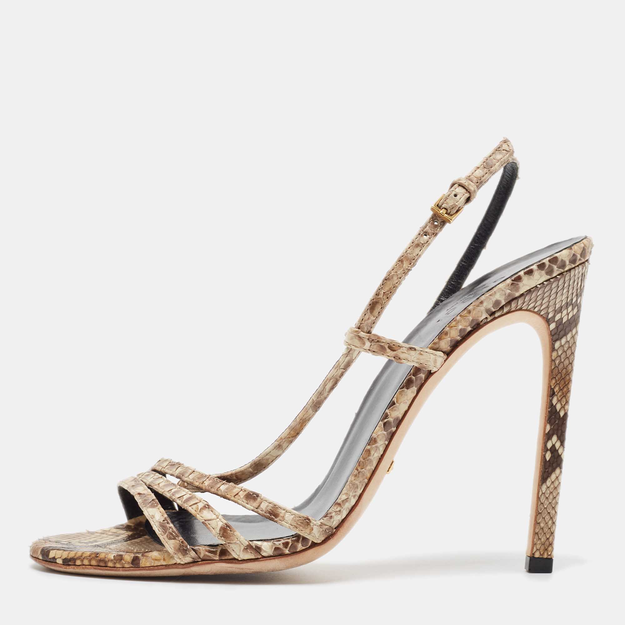 مملوكة مسبقًا Gucci Brown/Beige Python Slingback Sandals Size 39