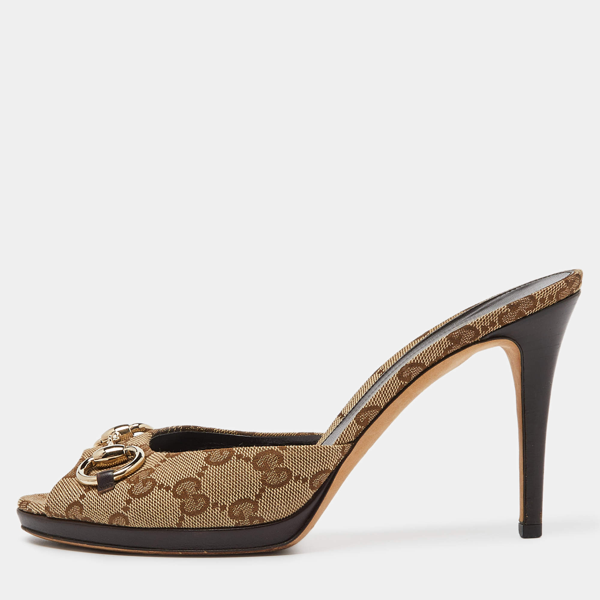 Gucci Beige/Brown GG Canvas and Leather New Hollywood Horsebit Slides Size 39