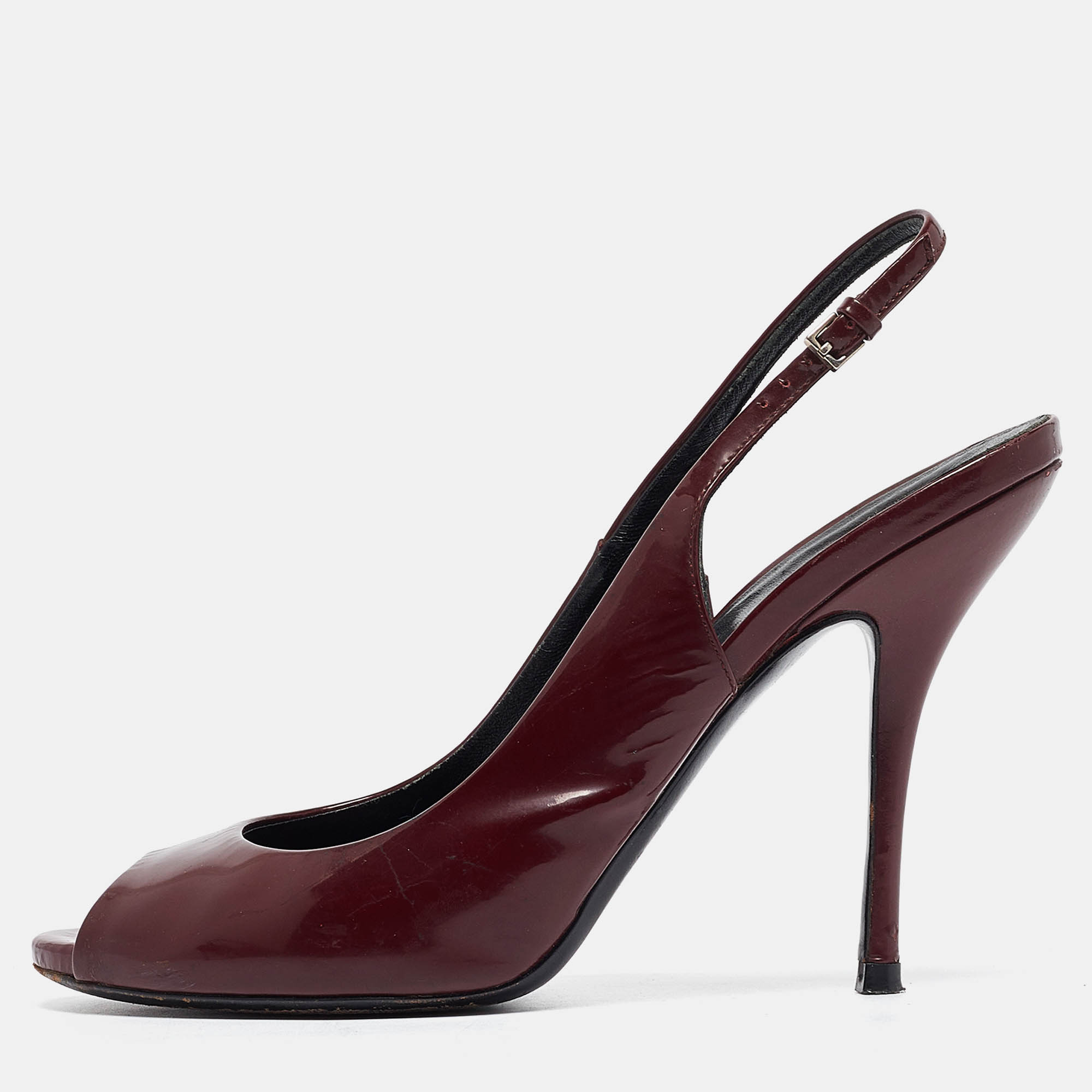 Gucci Burgundy Patent Leather Peep Toe Slingback Pumps Size 38.5