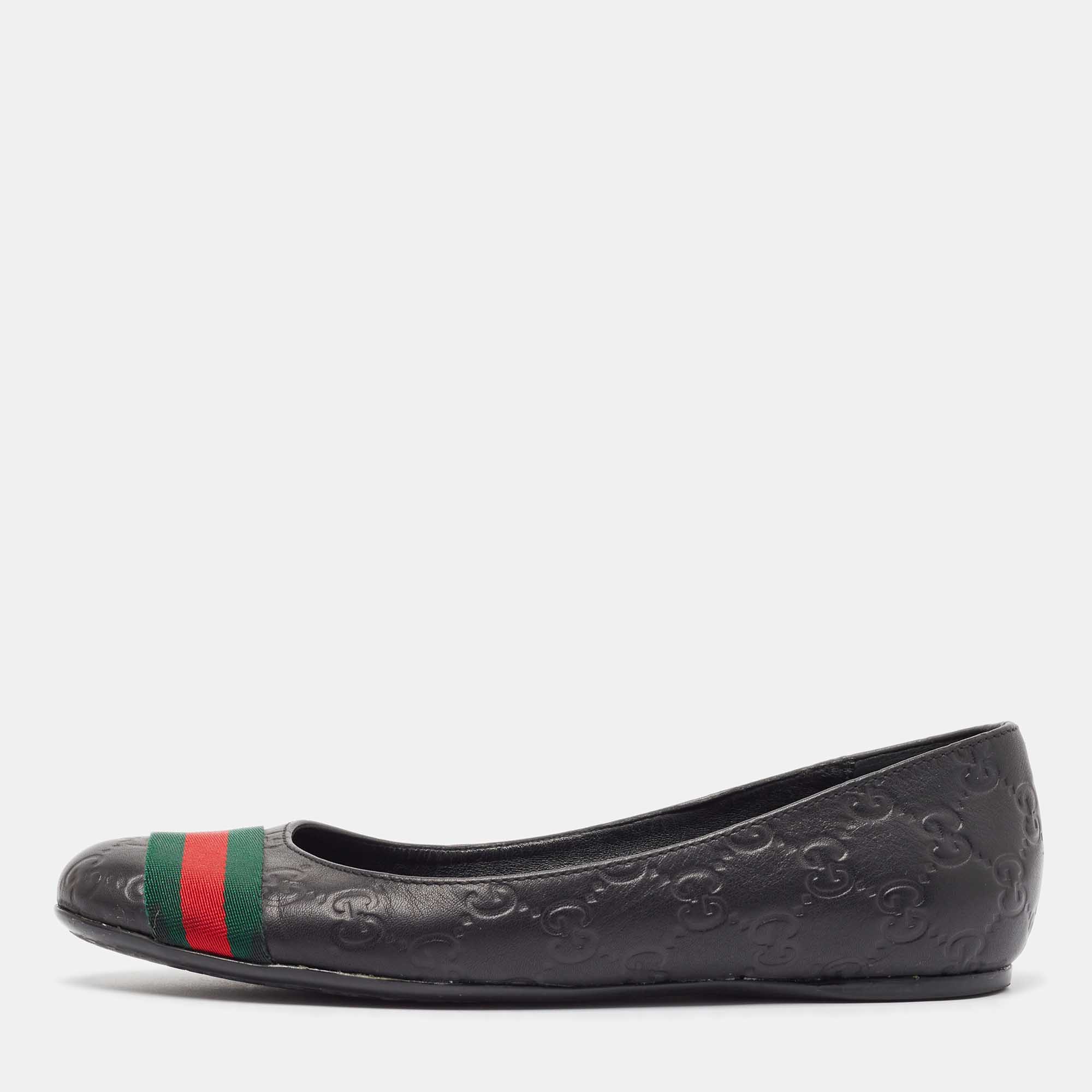 Pre Owned Gucci Black Guccissima Leather Web Detail Ballet Flats Size 37