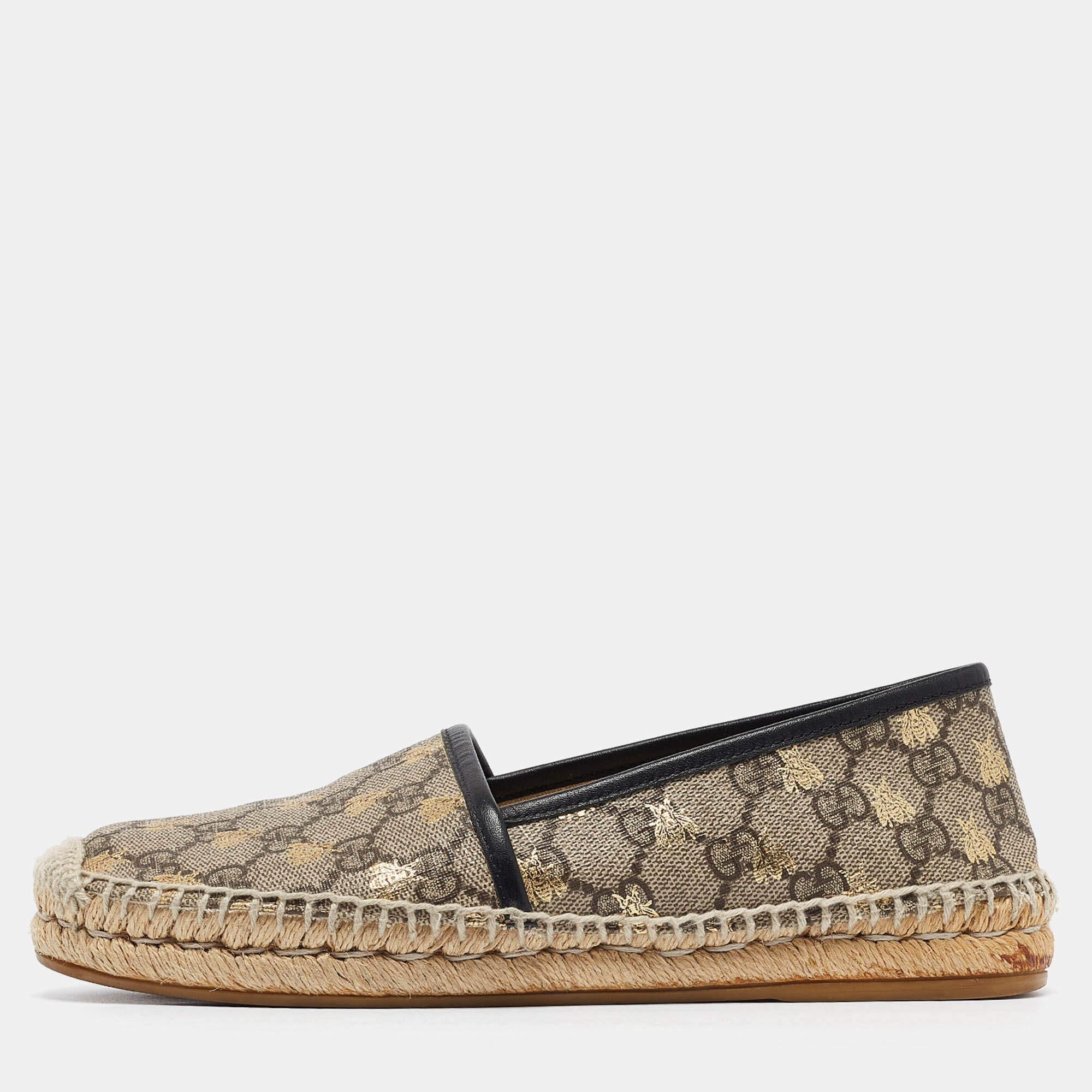 Pre Owned Gucci Beige/Gold  GG Supreme Canvas Bee Espadrilles Size 37.5