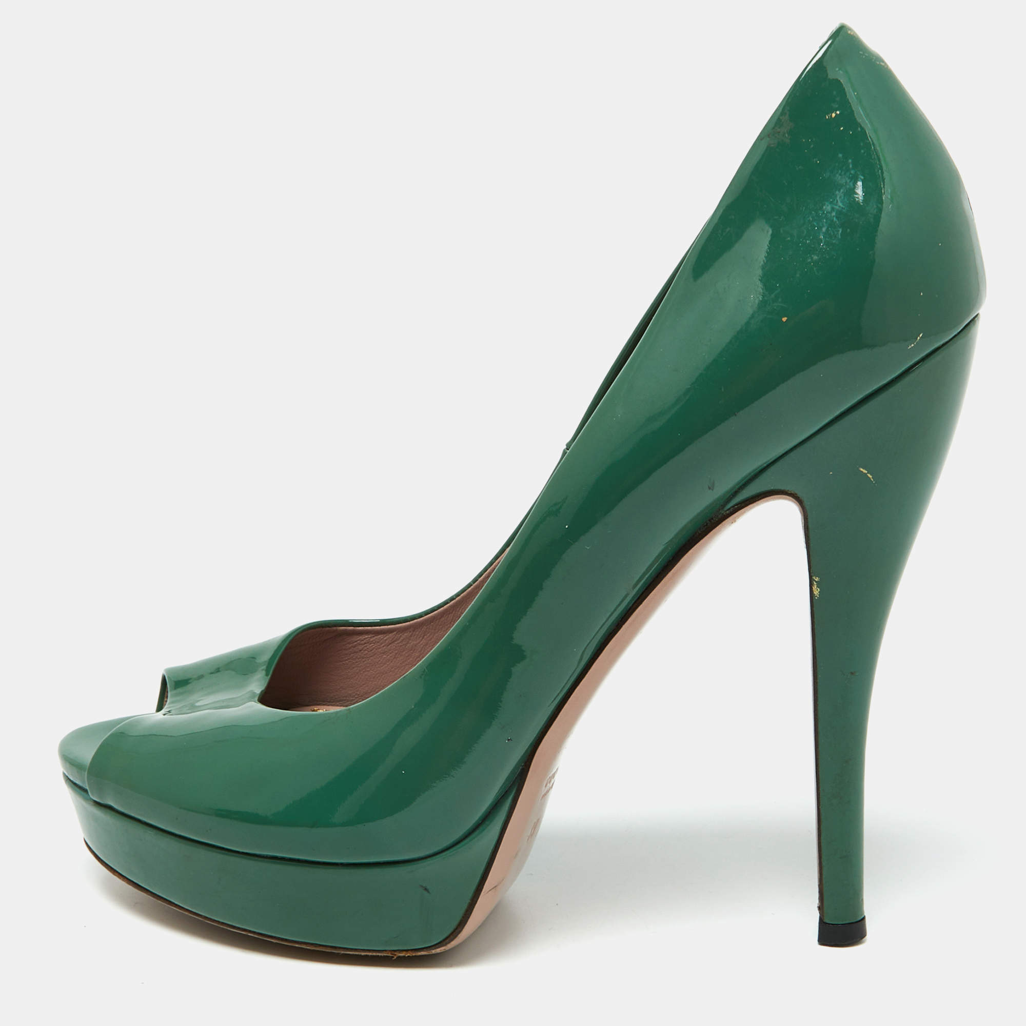 Pre Owned Gucci Green Patent Leather Peep Toe Platform Pumps Size 39