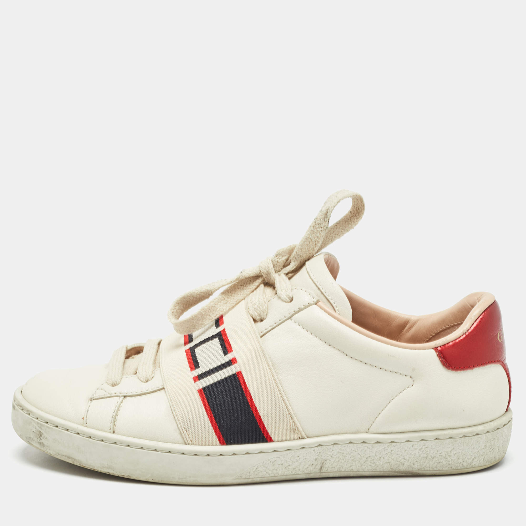 Gucci White/Red Leather Ace Gucci Band Low Top Sneakers Size 34