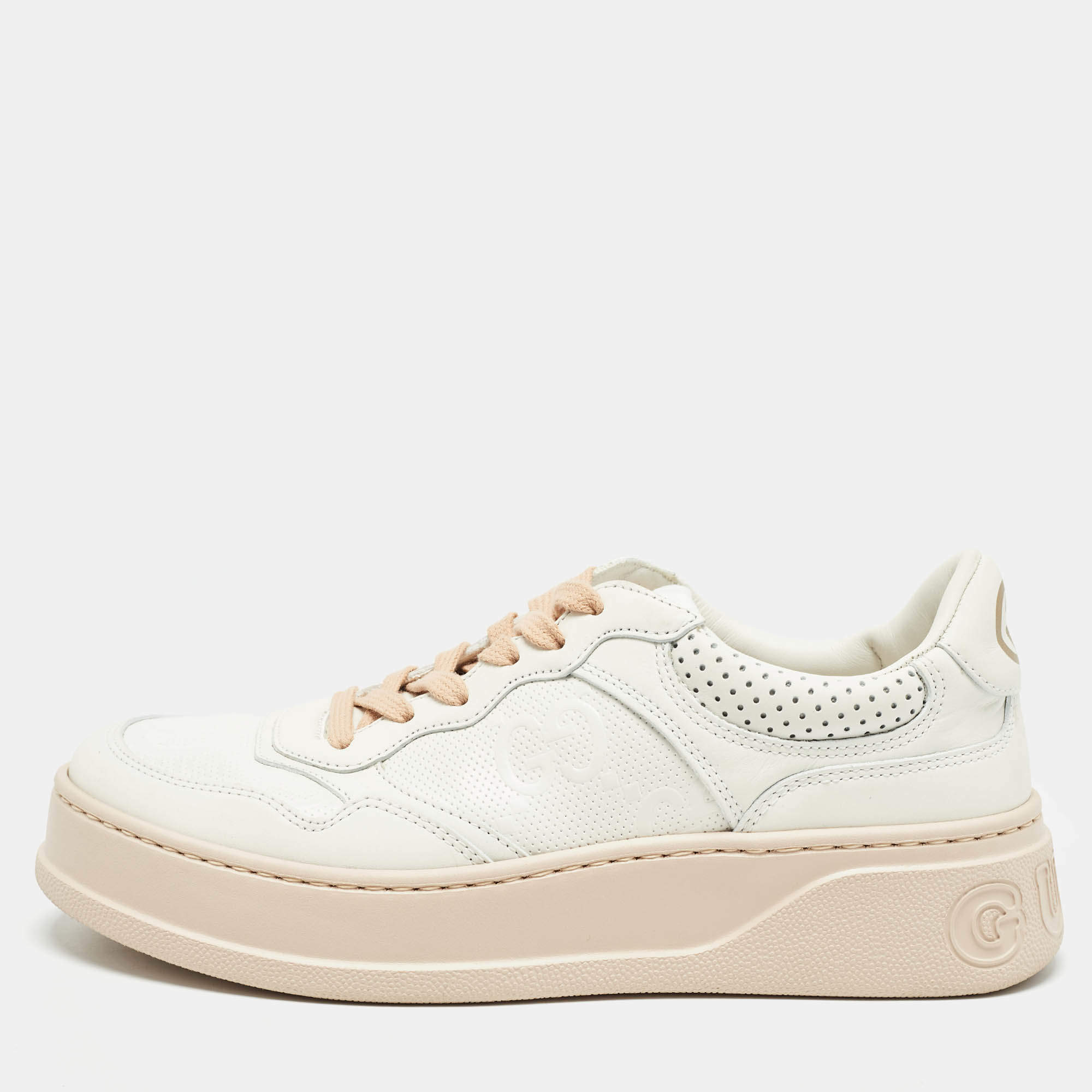 Pre Owned Gucci White Leather GG Low Top Sneakers Size 38 