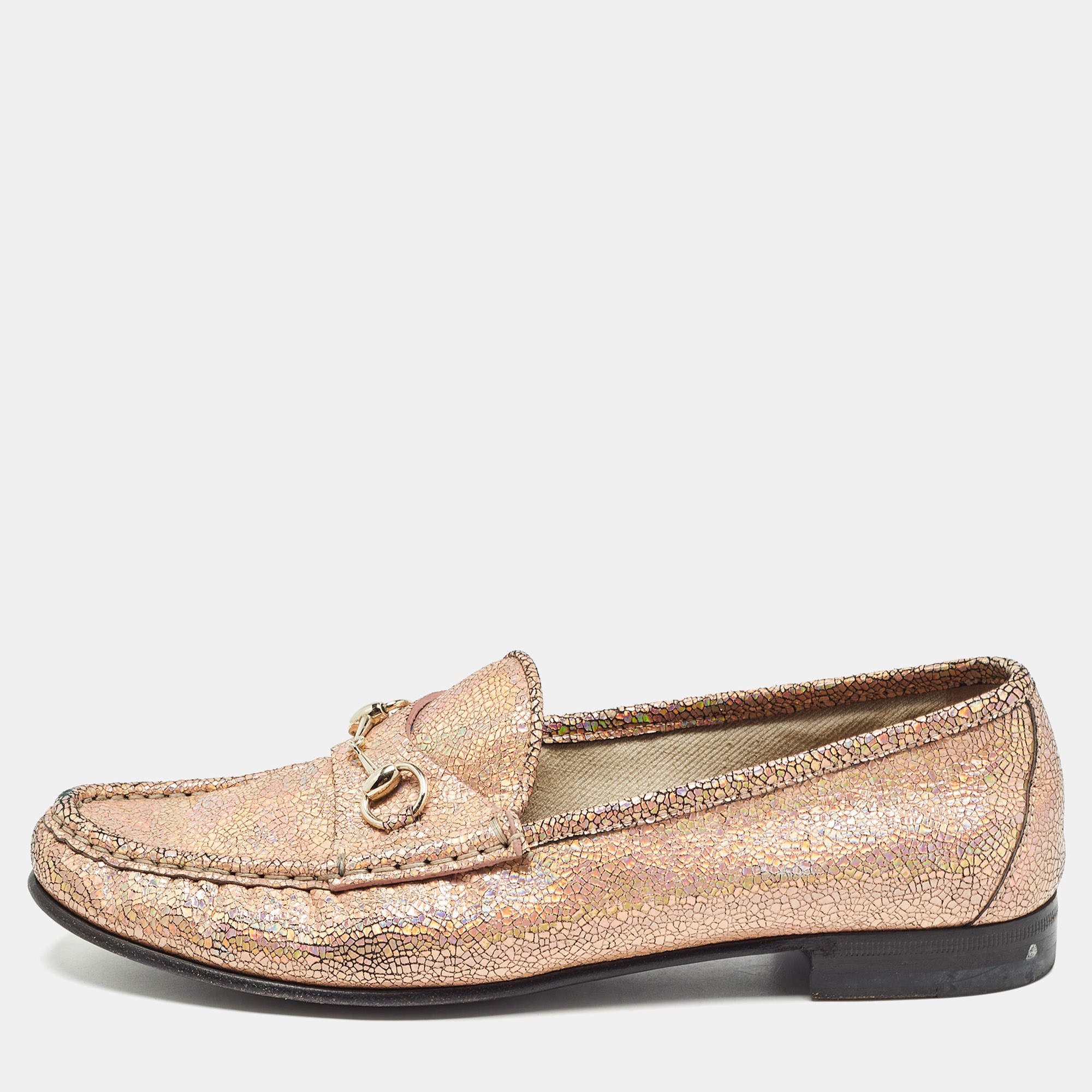 Pre Owned Gucci Metallic Pink Textured Suede Horsebit Loafers Size 40