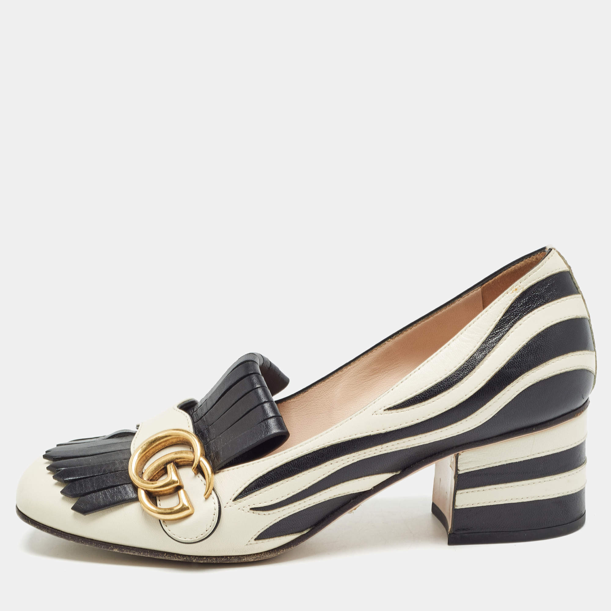 مملوكة مسبقًا Gucci White/Black Leather GG Marmont Fringed Pumps Size 36.5