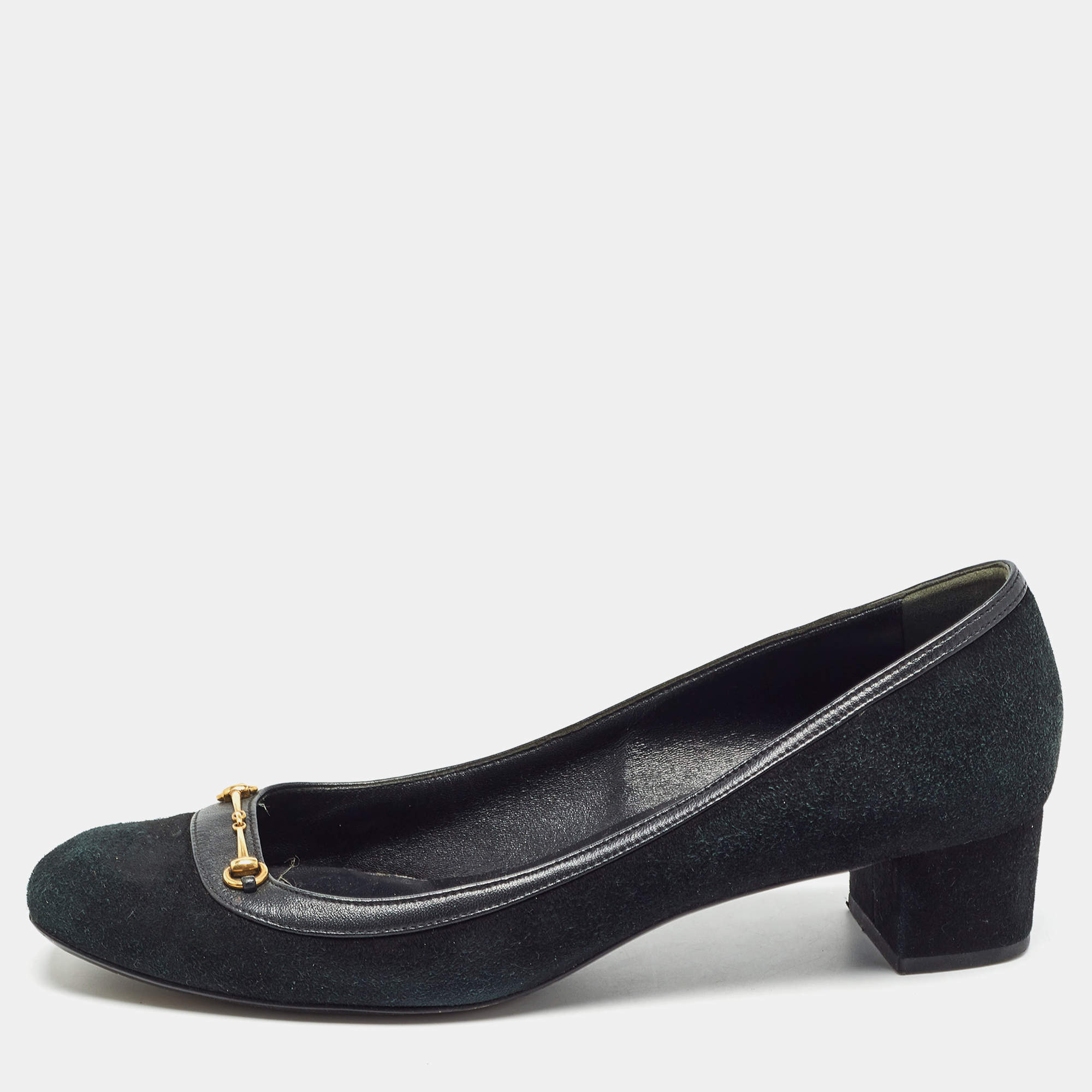 Gucci Black Suede and Leather Horsebit Pumps Size 40