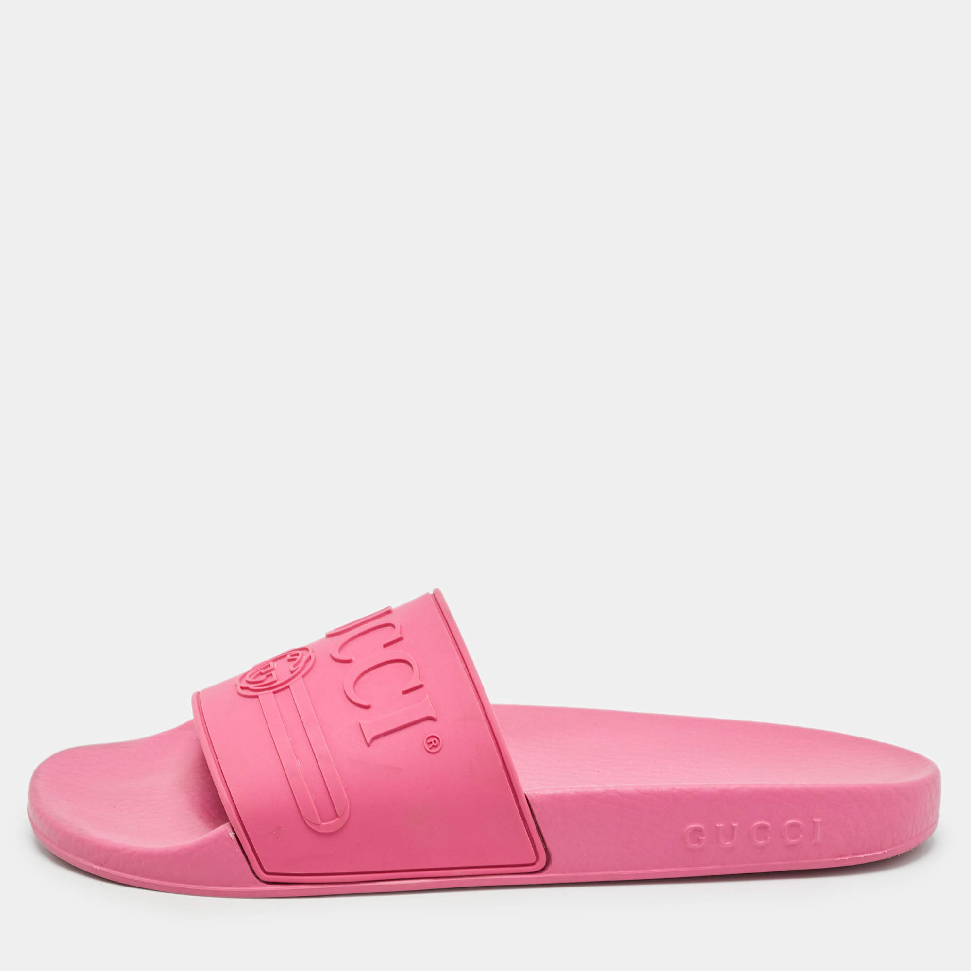 Gucci Pink Rubber Logo Flat Slides Size 40   