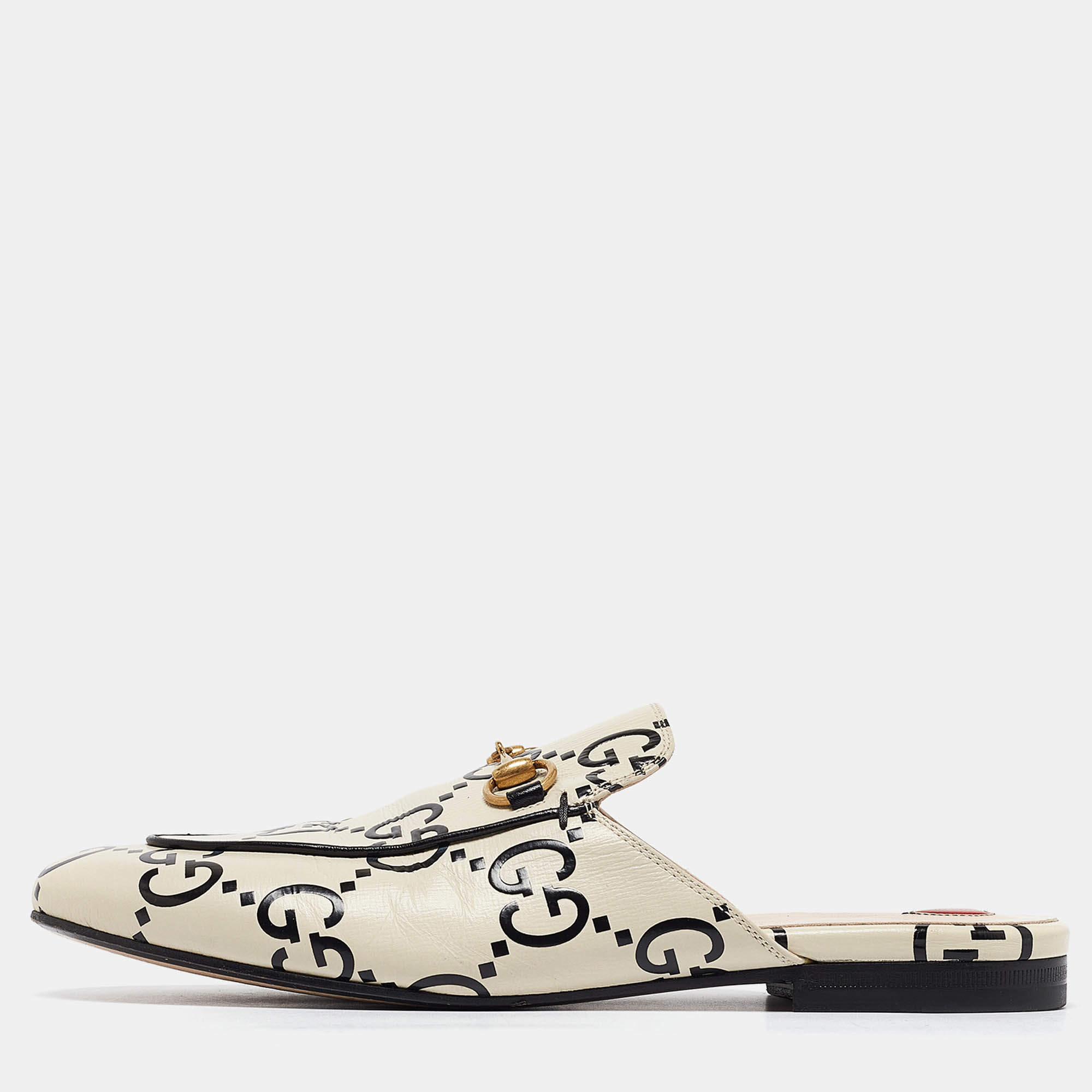 Pre Owned Gucci Cream/Black Guccissima Leather Princetown Flat Mules Size 38.5