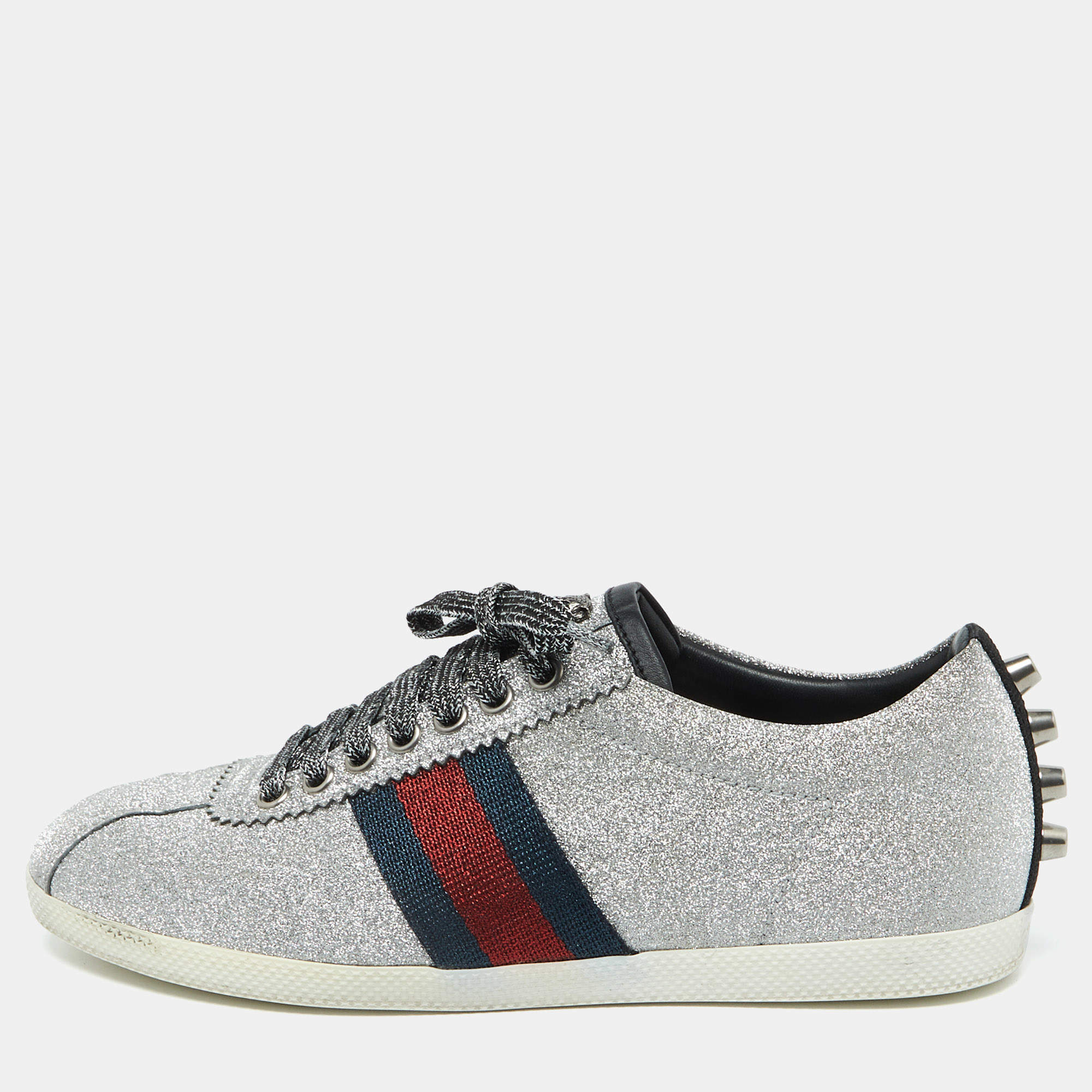 Gucci Metallic Silver Glitter Bambi Web Detail Studded Low Top Sneakers Size 37.5