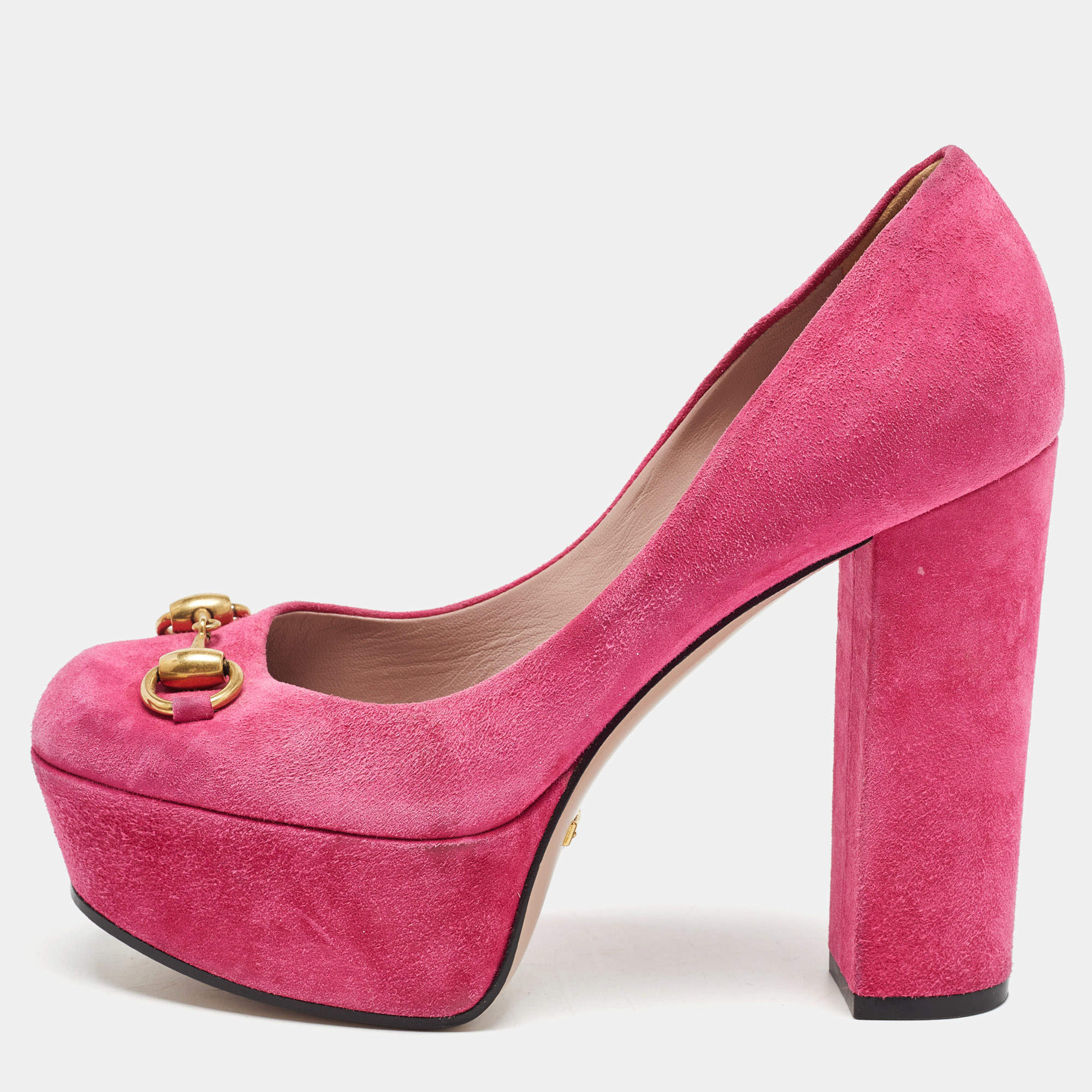 Pre Owned Gucci Pink Suede Horsebit Platform Pumps Size 35