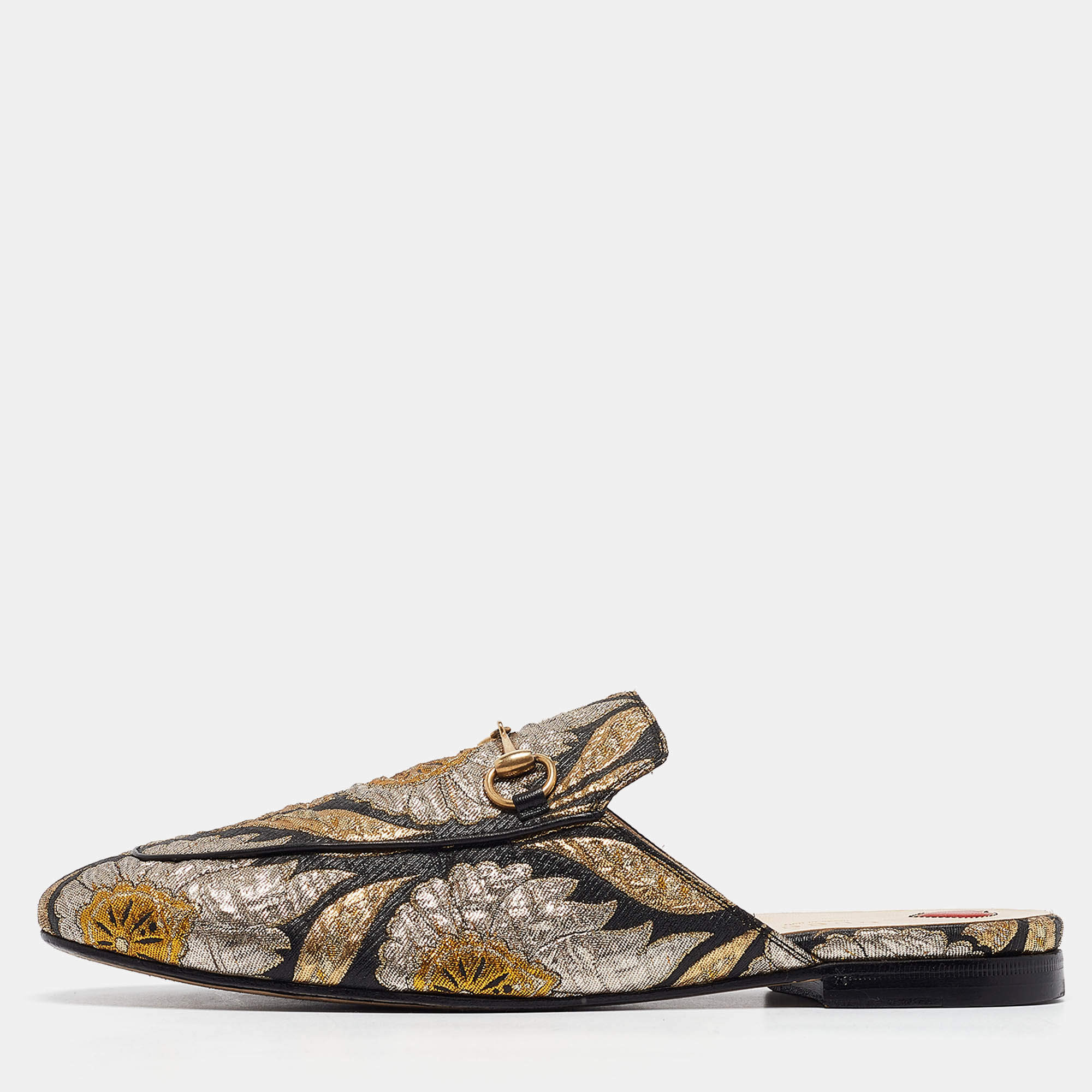 Pre Owned Gucci Gold/Black Brocade Fabric Princetown Flat Mules Size 40