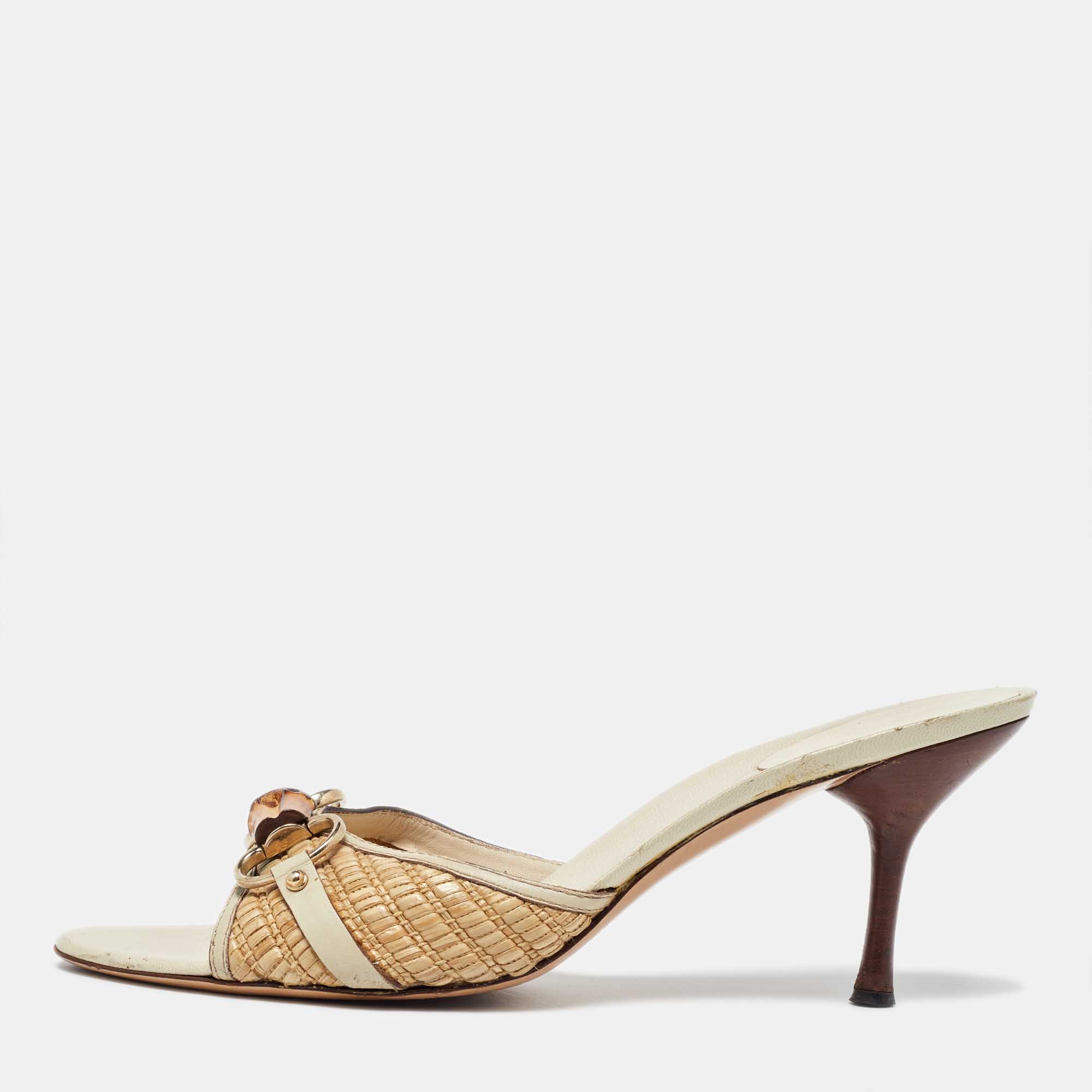 Pre Owned Gucci Brown/Beige Raffia and Leather Bamboo Horsebit Slide Sandals Size 40.5 