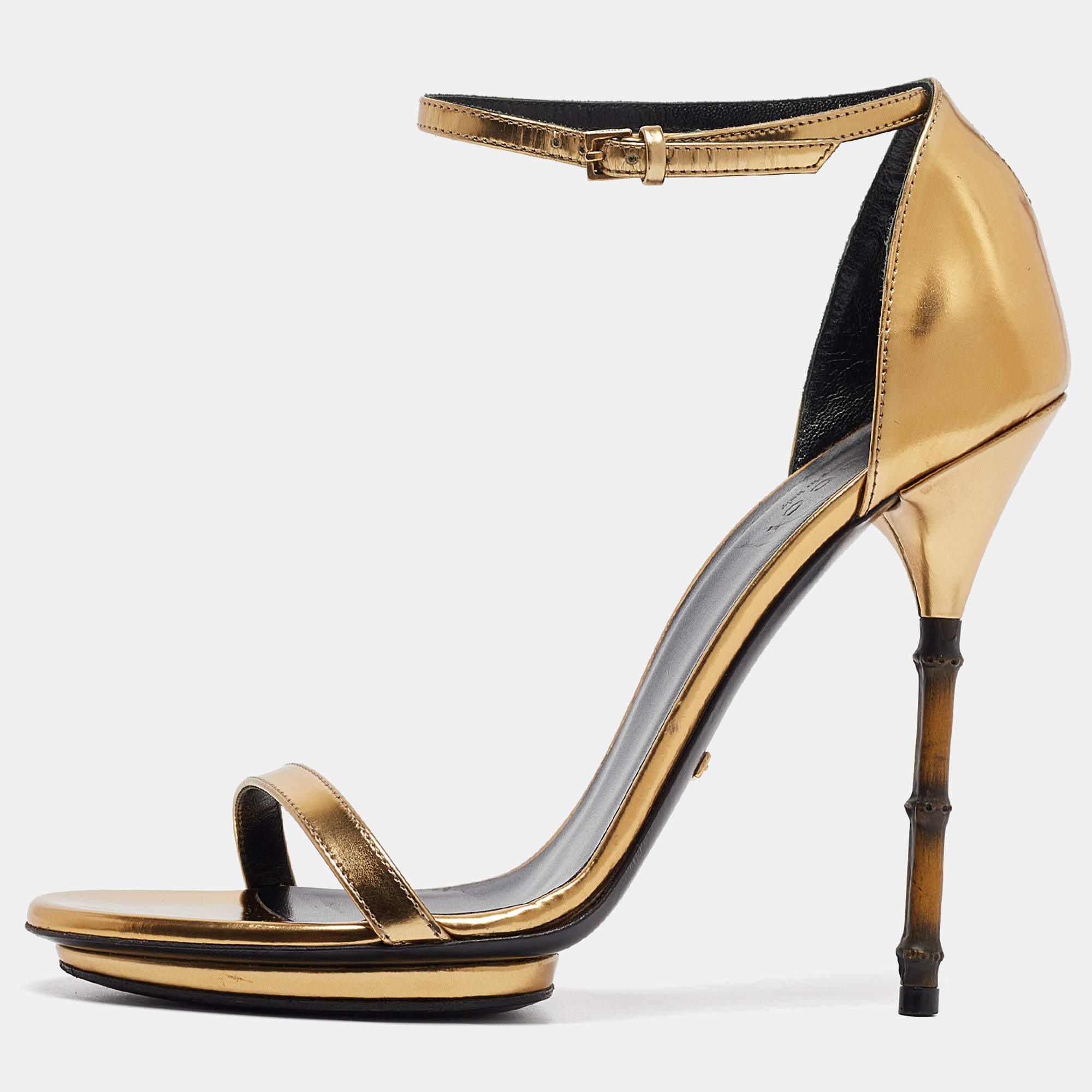 Gucci Gold Leather Open Toe Bamboo Sandals Size 38