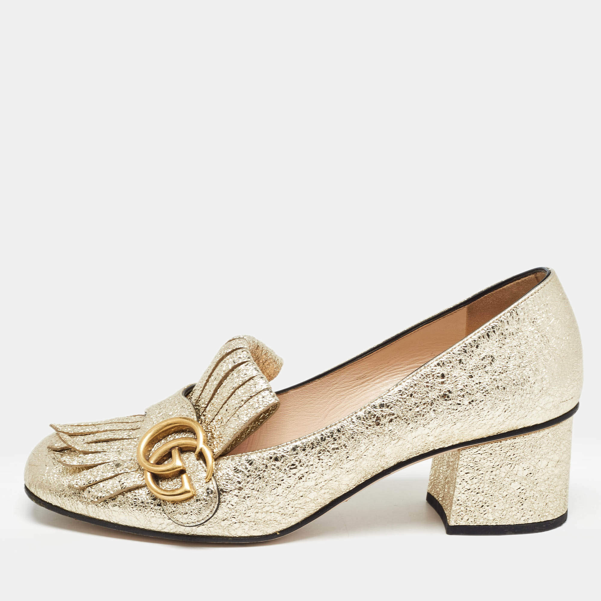 Pre Owned Gucci Gold Texture Leather GG Marmont Pumps Size 38