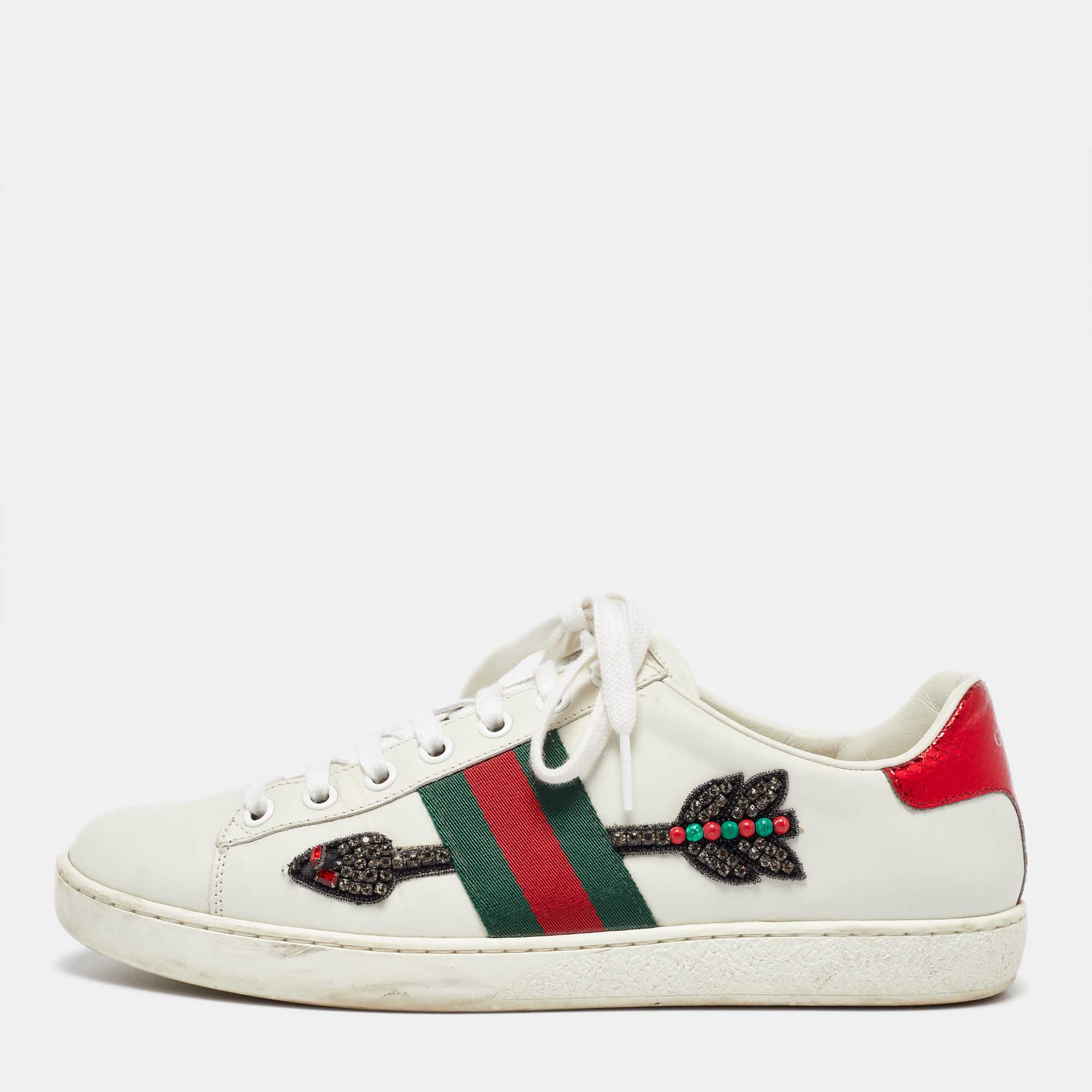 Pre Owned Gucci White Leather Embellished Arrow Ace Sneakers Size 37.5