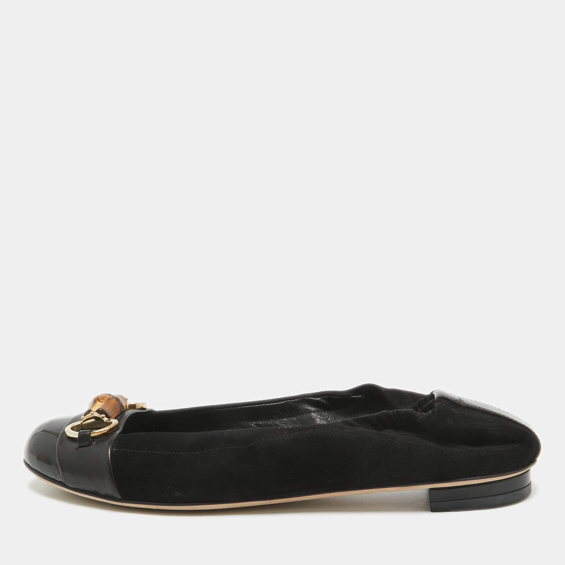 Pre Owned Gucci Black Suede Bamboo Accent Suede Ballet Flats Size 37