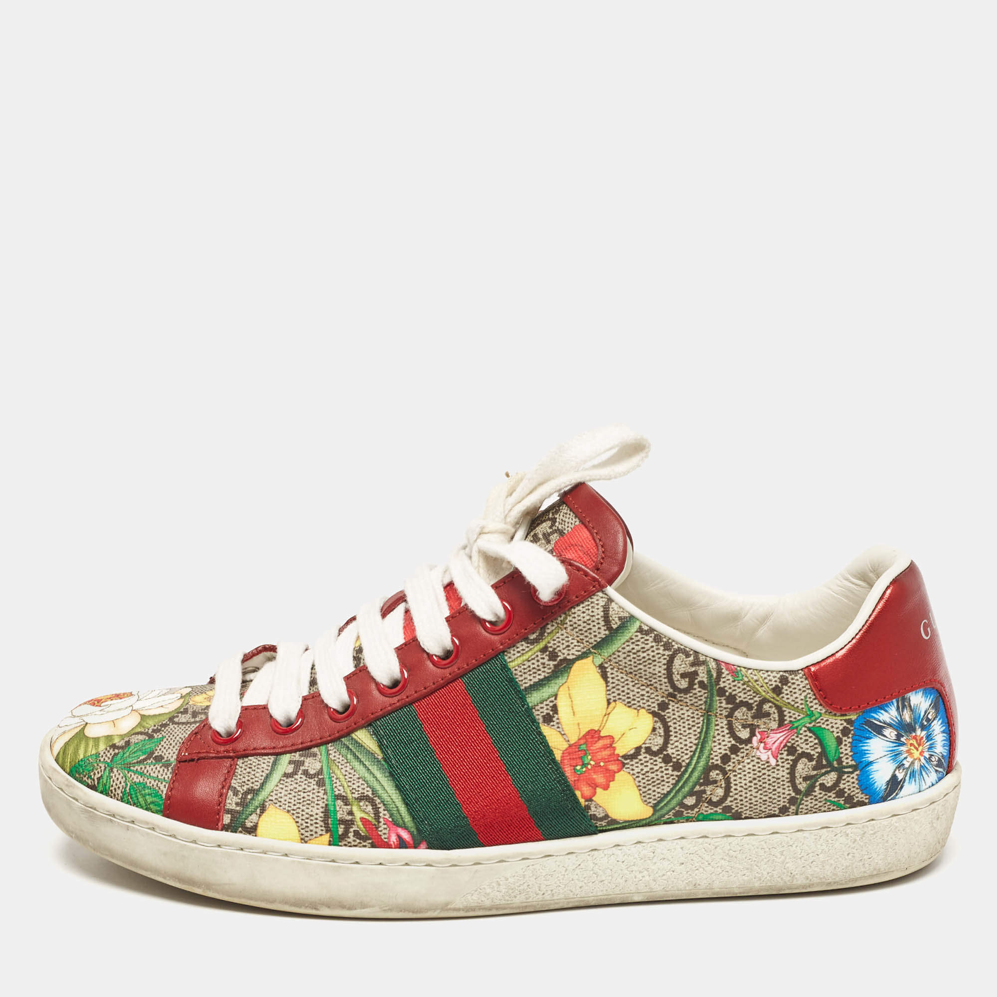 Gucci Beige/Brown GG Supreme Canvas Floral Print Ace Sneakers Size 35.5