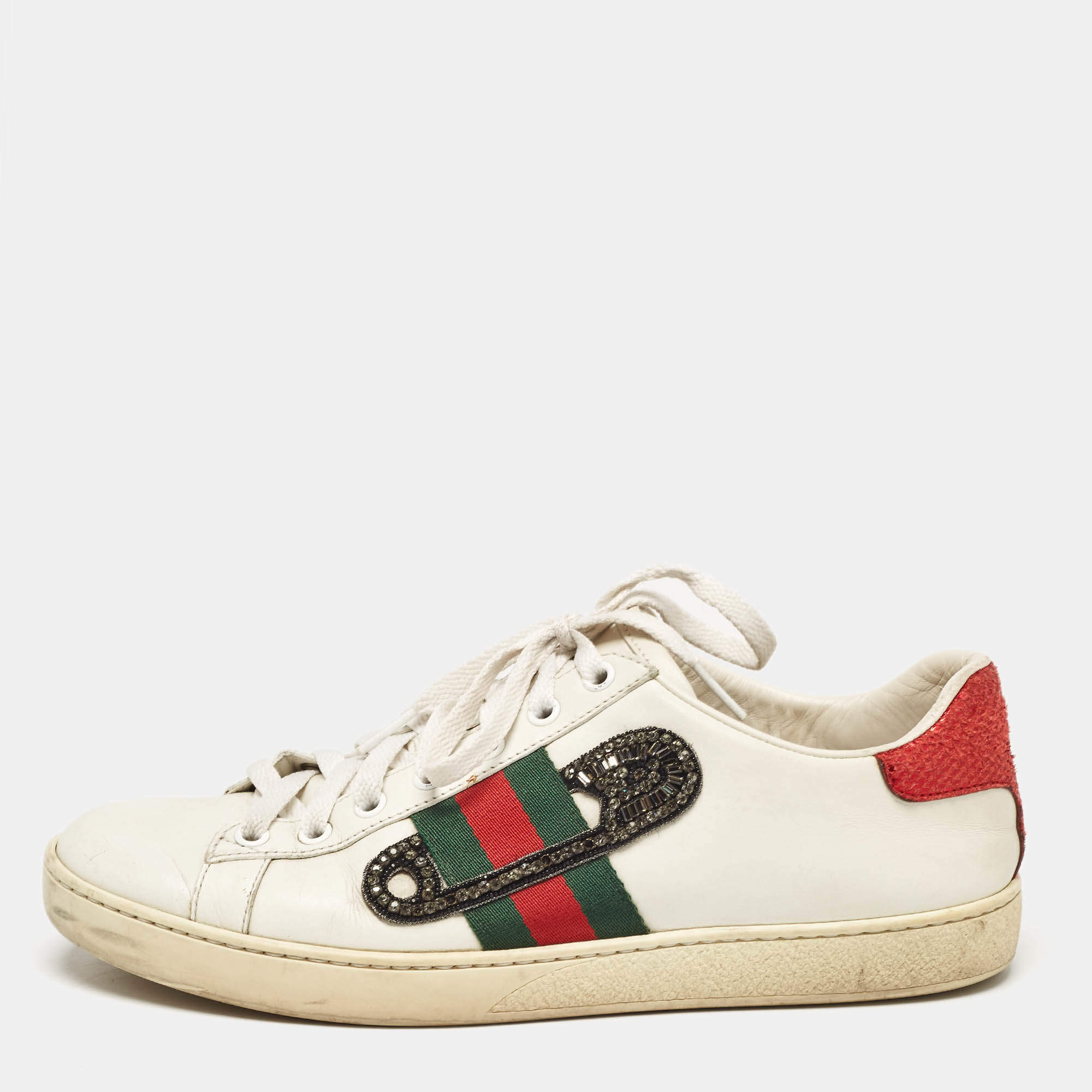 Gucci White Leather Snakeskin Embossed Leather Ace Low Top Sneakers Size 39