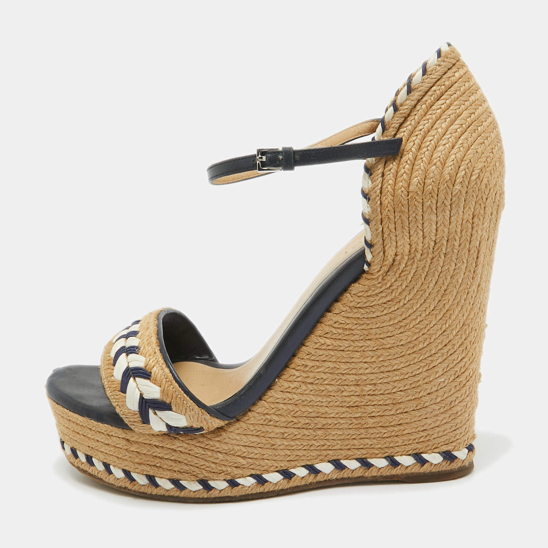 Pre Owned Gucci Beige/Blue Leather and Raffia Wedge Sandals Size 36