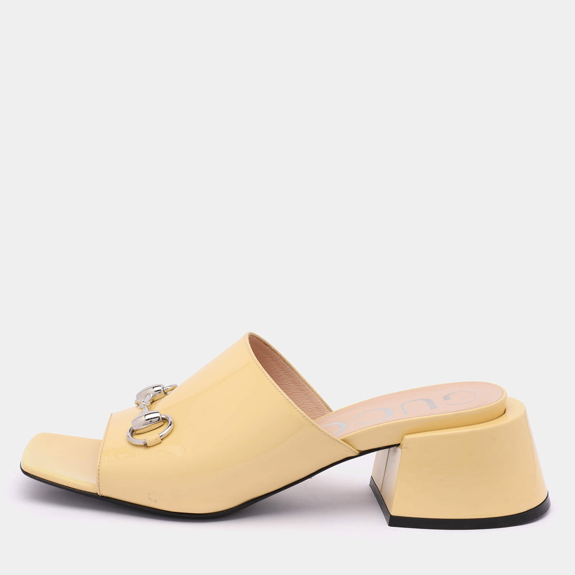 Gucci Yellow Patent Leather Lexi Horsebit Slide Sandals Size 39
