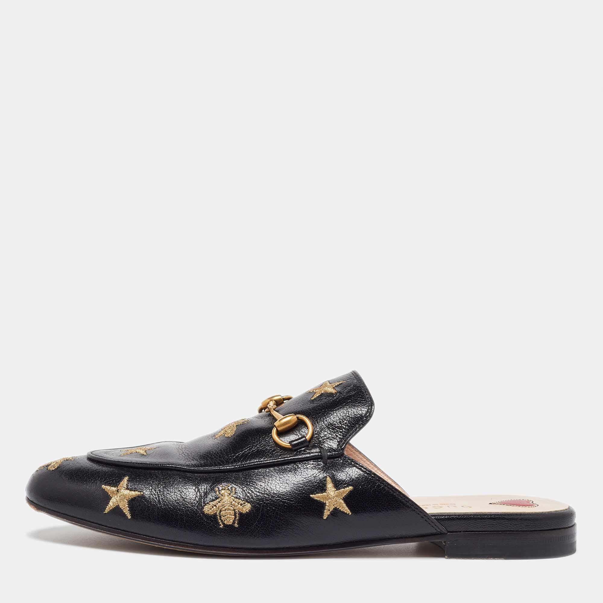 Gucci Black Leather Star and Bee Embroidered Princetown Mules Size 38.5