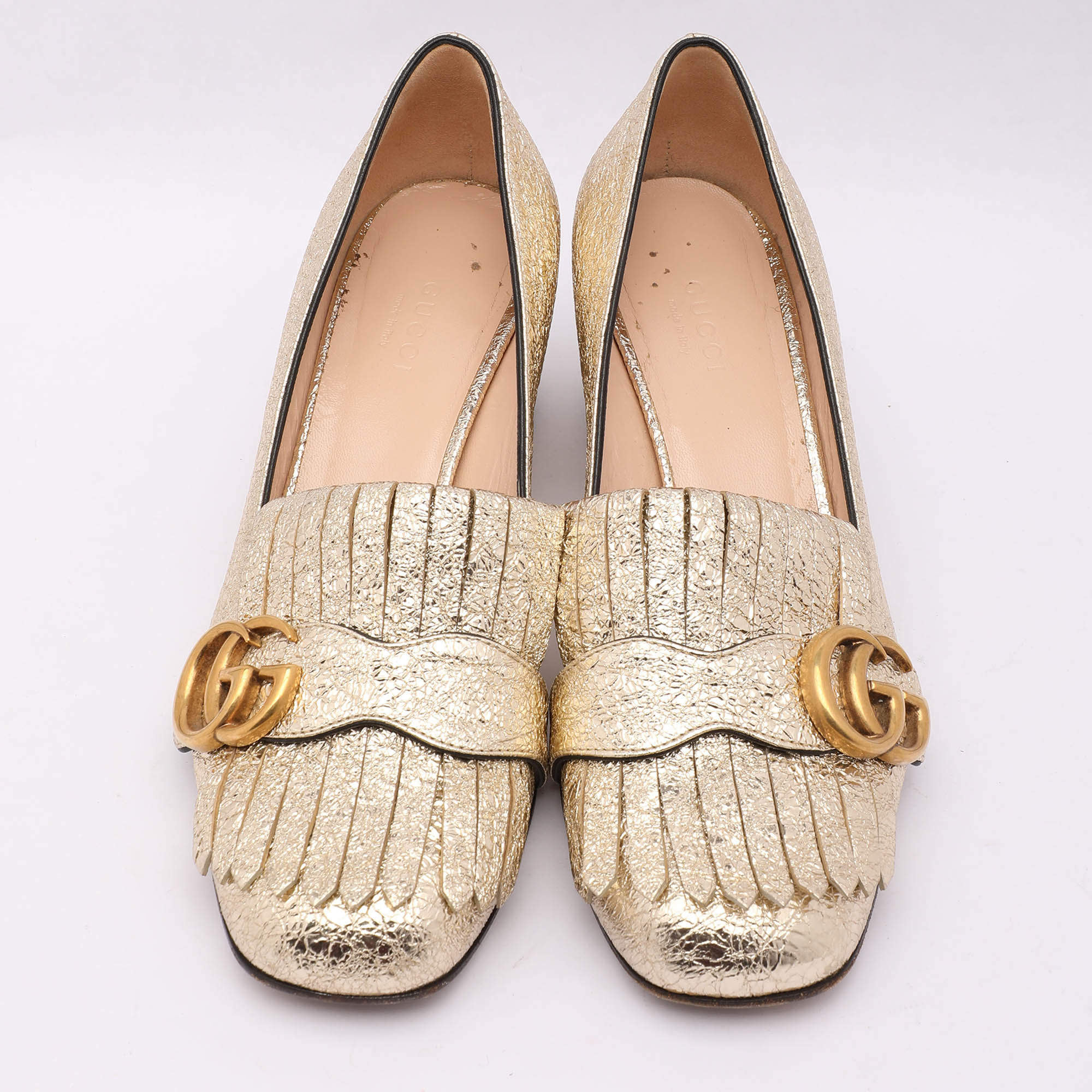 Gucci Gold Crinkled Leather GG Marmont Block Heel Pumps Size 36.5 Gucci TLC