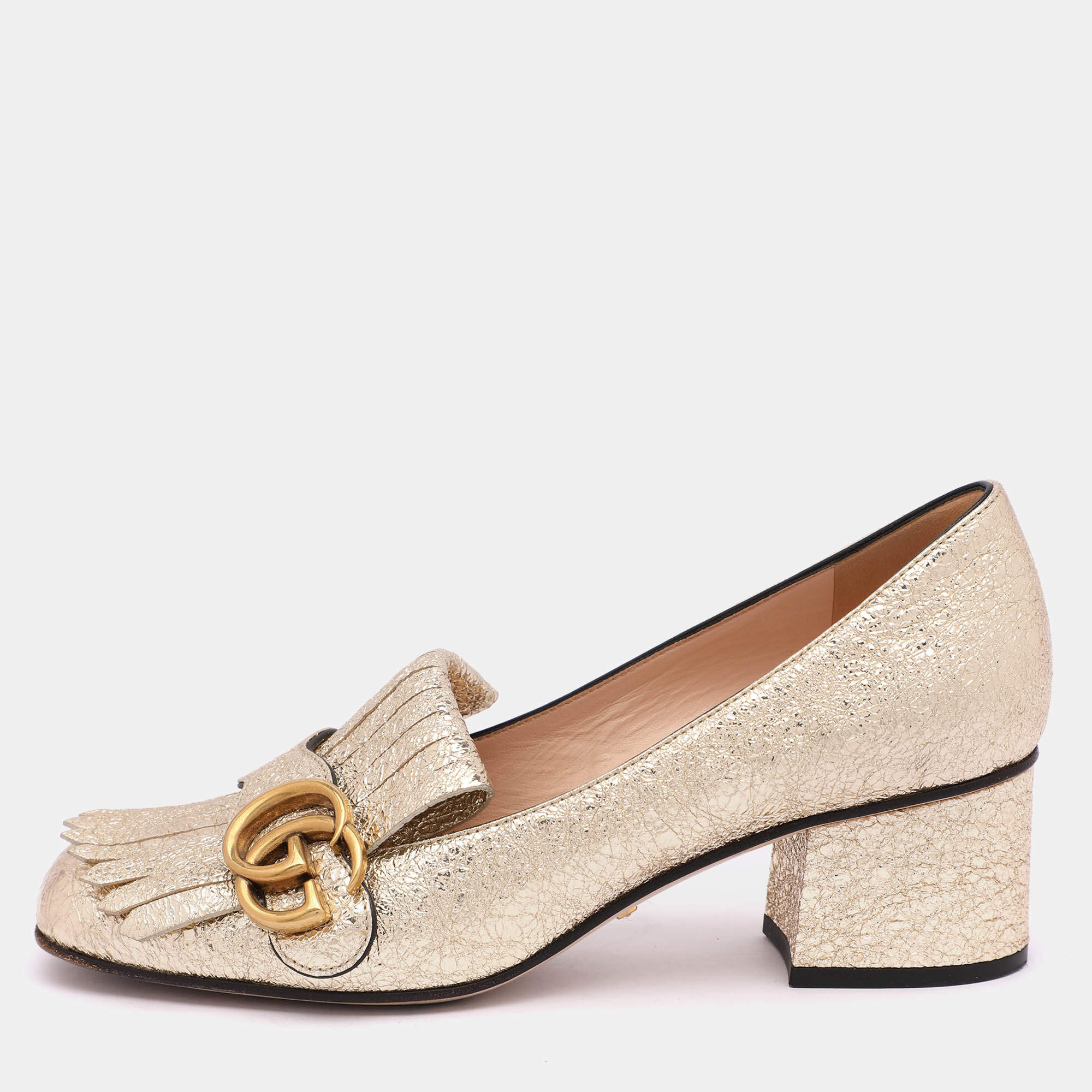 مملوكة مسبقًا Gucci Gold Crinkled Leather GG Marmont Block Heel Pumps Size 36.5