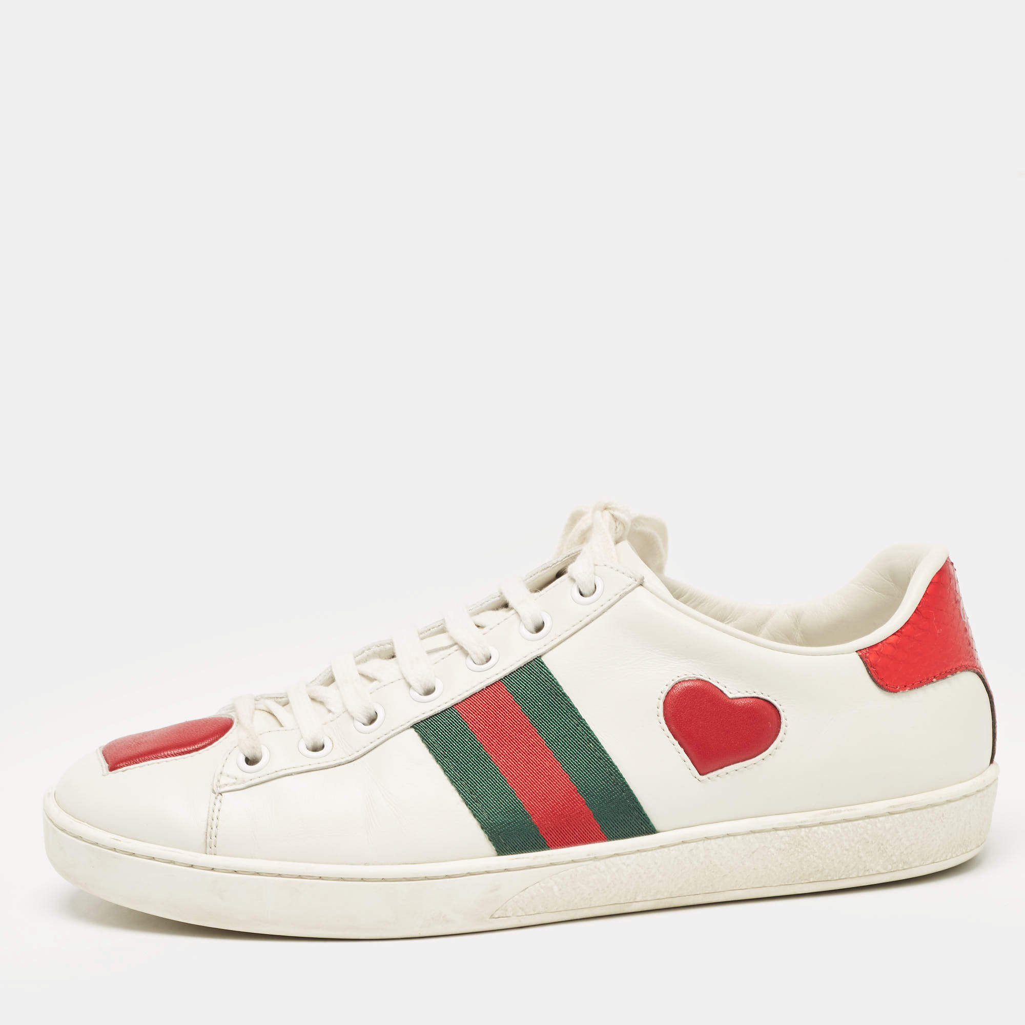 Gucci White Leather and Snakeskin Embossed Ace Web Lace Up Sneakers Size 38.5