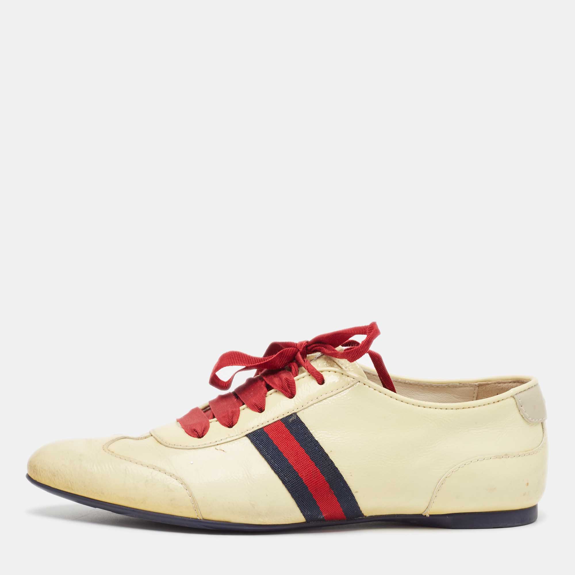 Gucci Cream Patent Leather Lace Up Sneakers 36