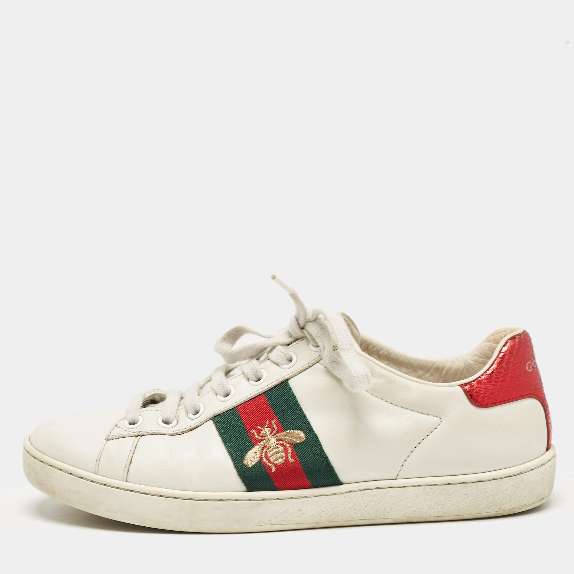 Gucci White Leather Ace Web Low Top Sneakers Size 36.5