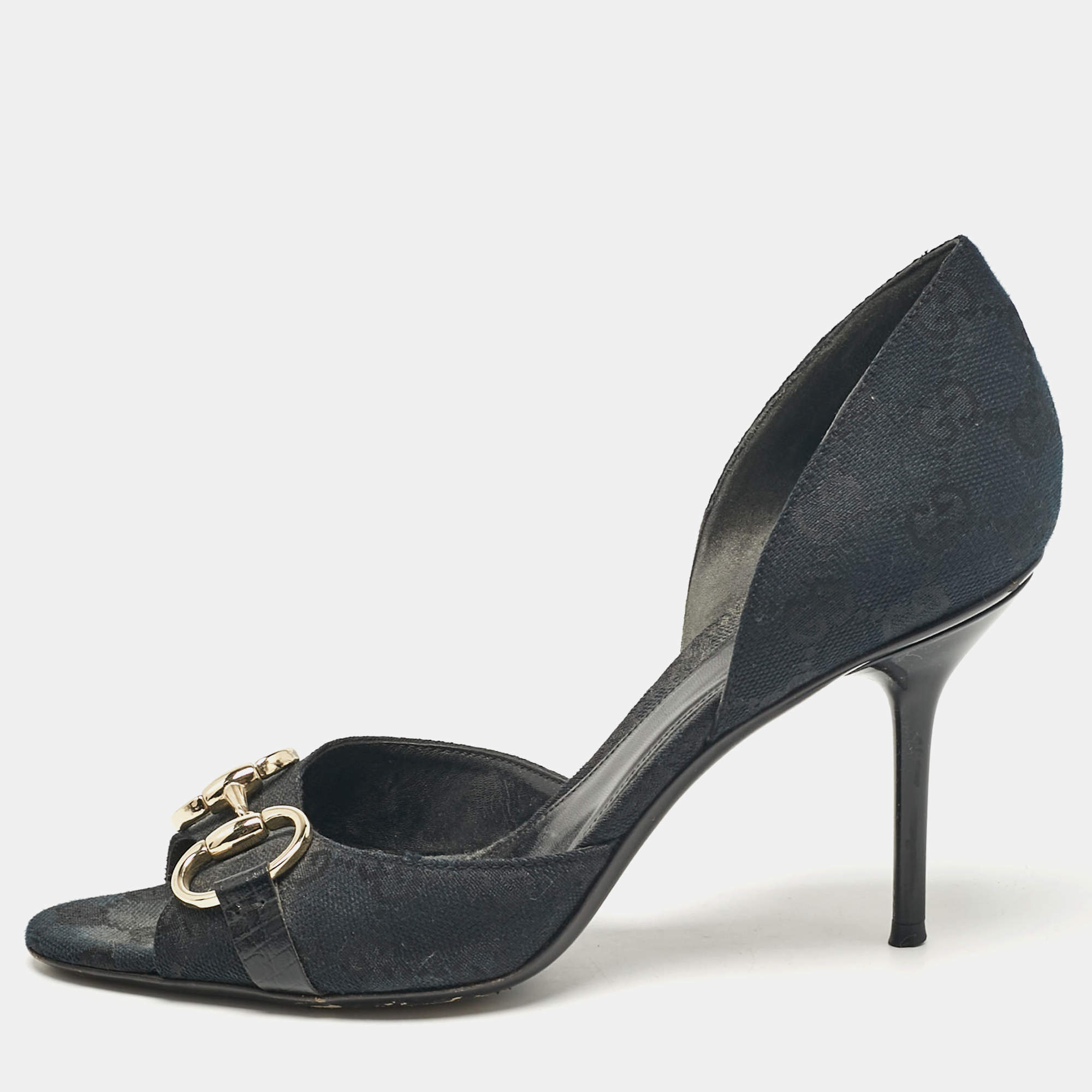 مملوكة مسبقًا Gucci Black Canvas GG Peep Toe Pumps Size 37