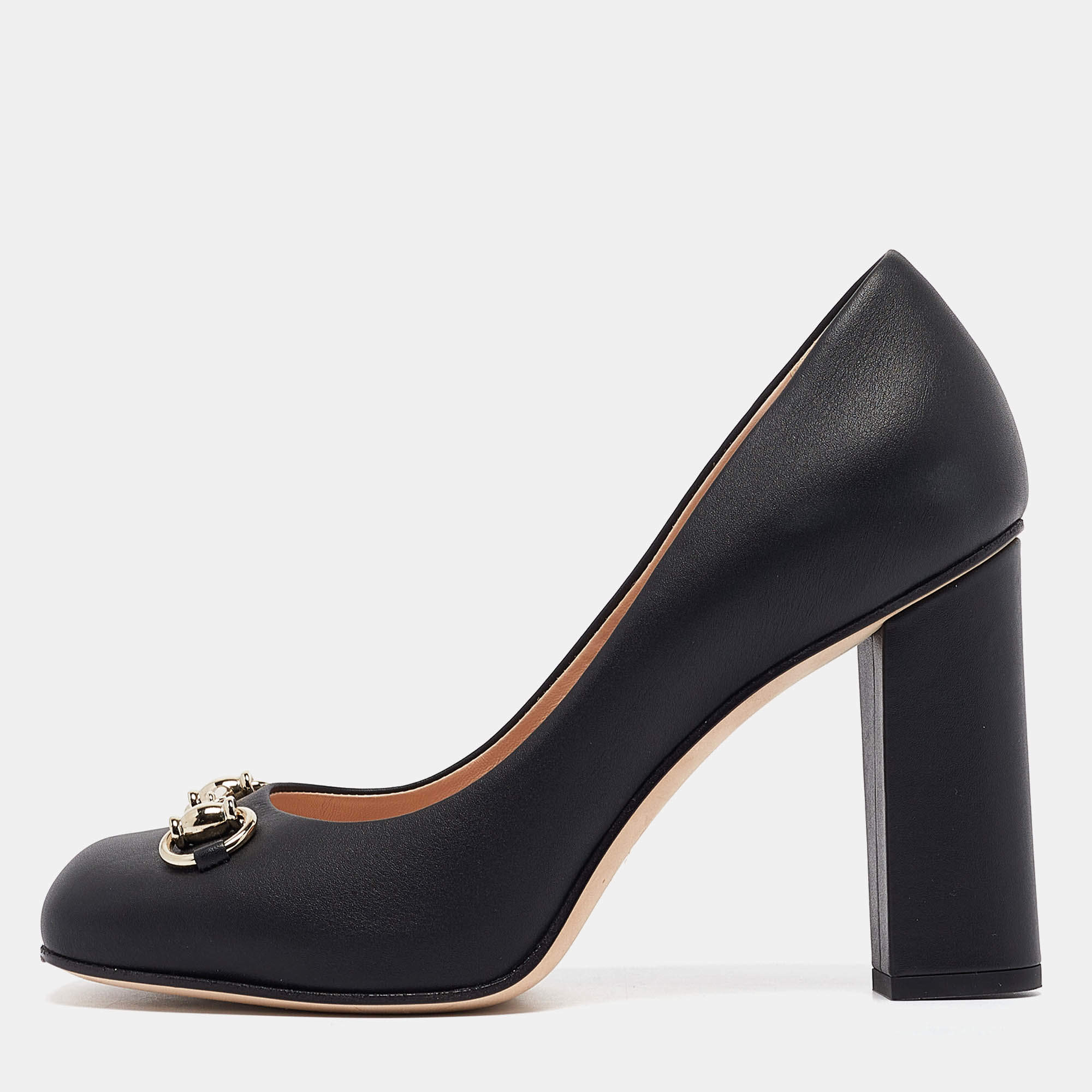 Pre Owned Gucci Black Leather Block Heel Pumps Size 37.5
