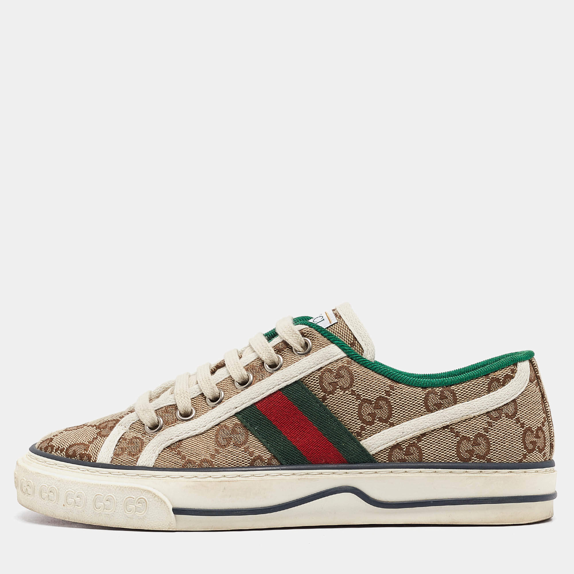 Pre Owned Gucci Brown Canvas Tennis 1977 Lace Up Sneakers Size 35.5