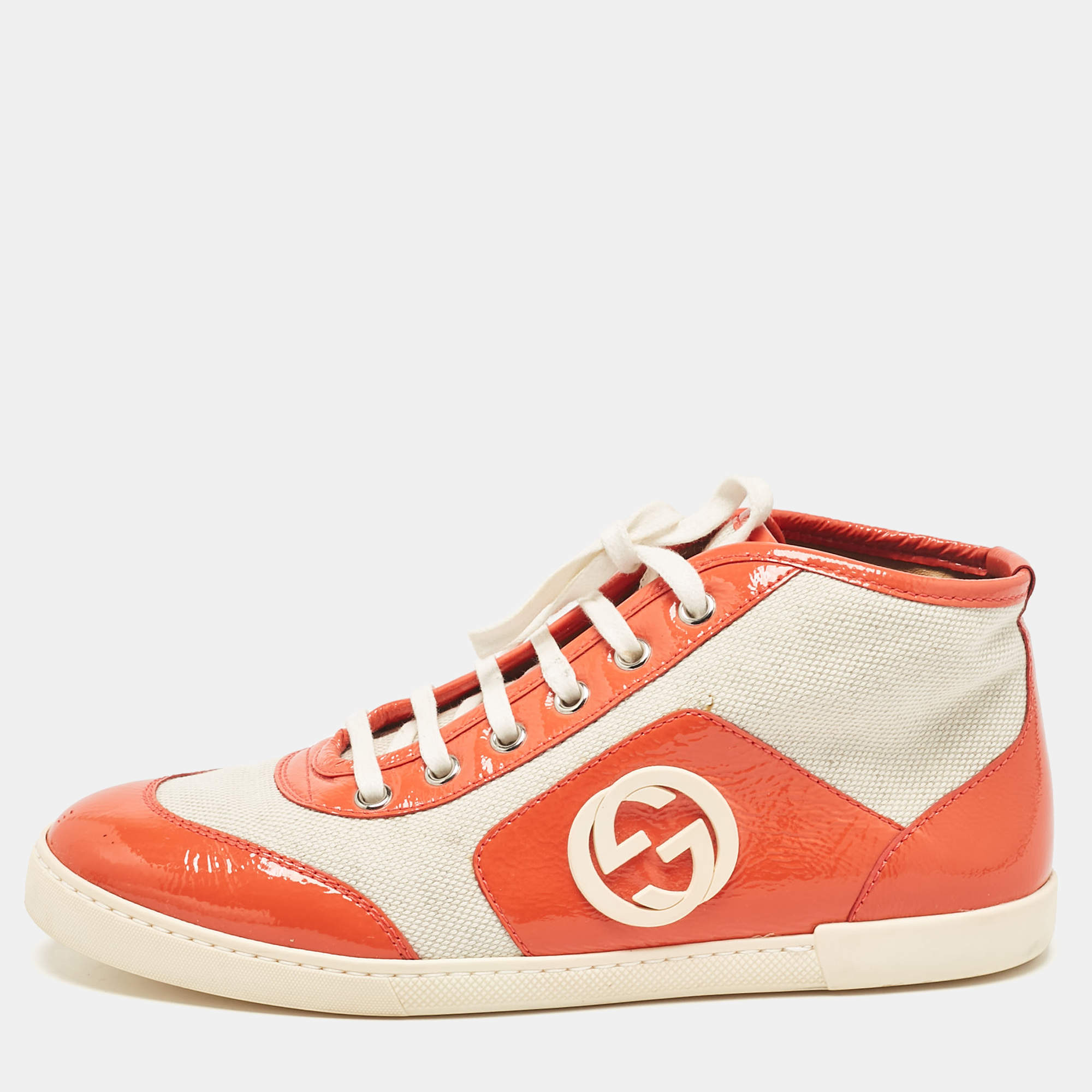 Pre Owned Gucci Orange Canvas and Patent Leather GG High Top Sneakers Size 37