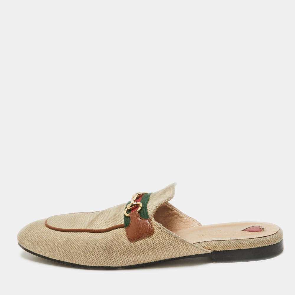 Gucci Beige Canvas Web Princetown Mules Size 40