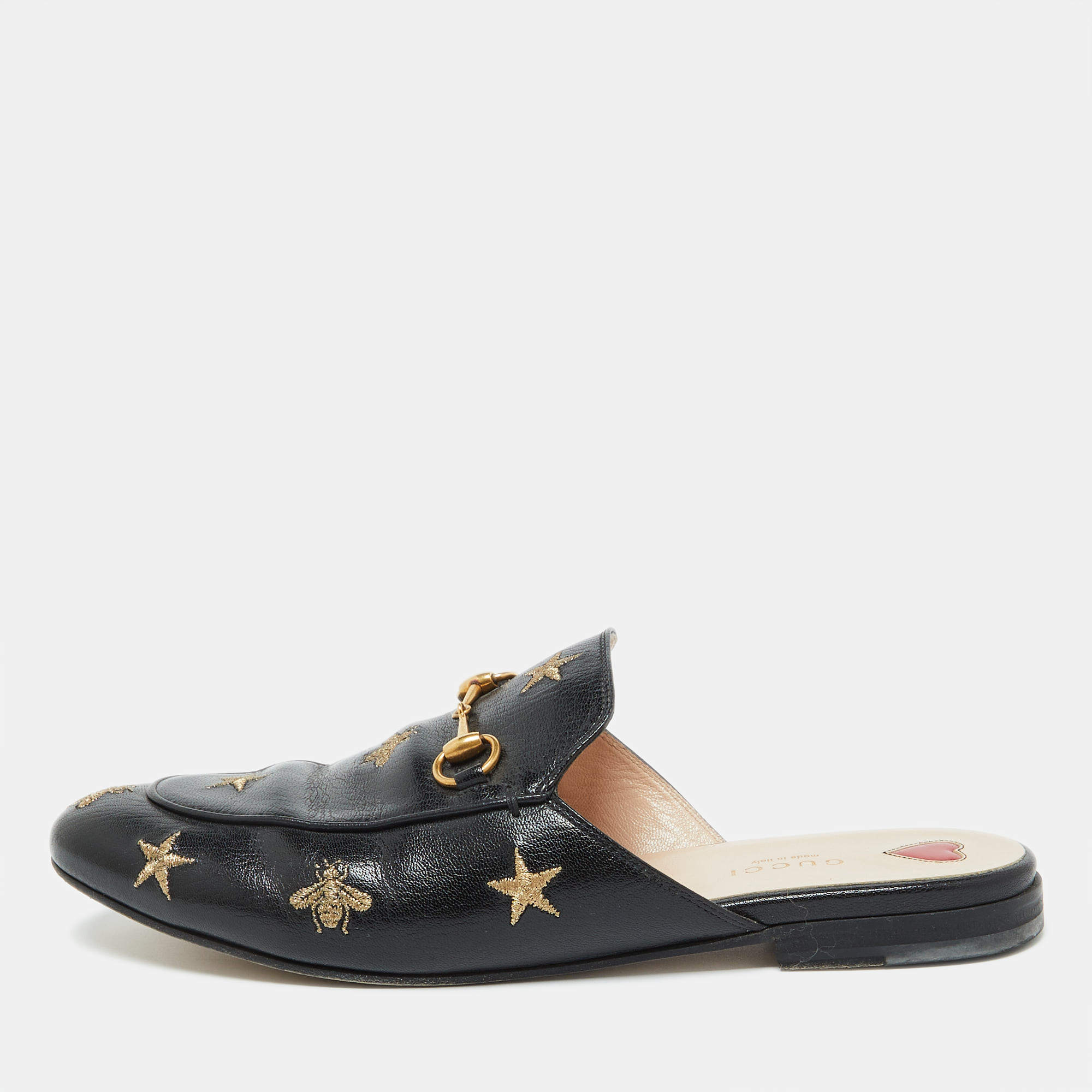 Gucci Black Leather Star and Bee Embroidered Princetown Mules Size 40.5