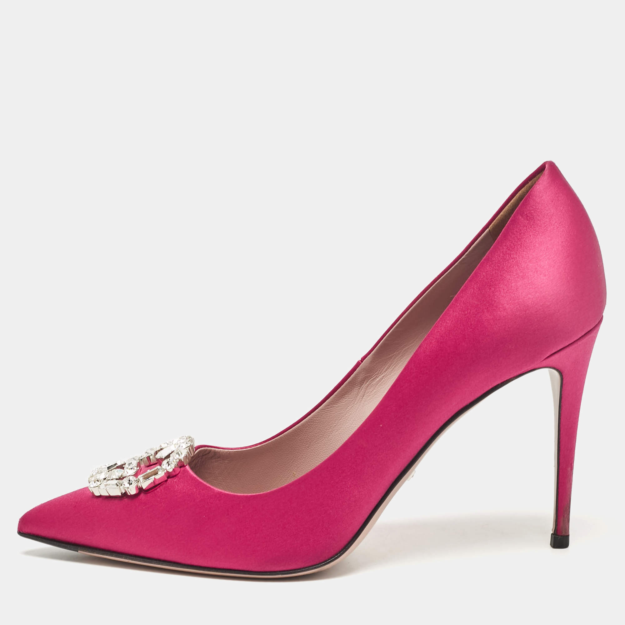 Gucci Pink Satin Crystal Embellished Interlocking G Pumps Size 38