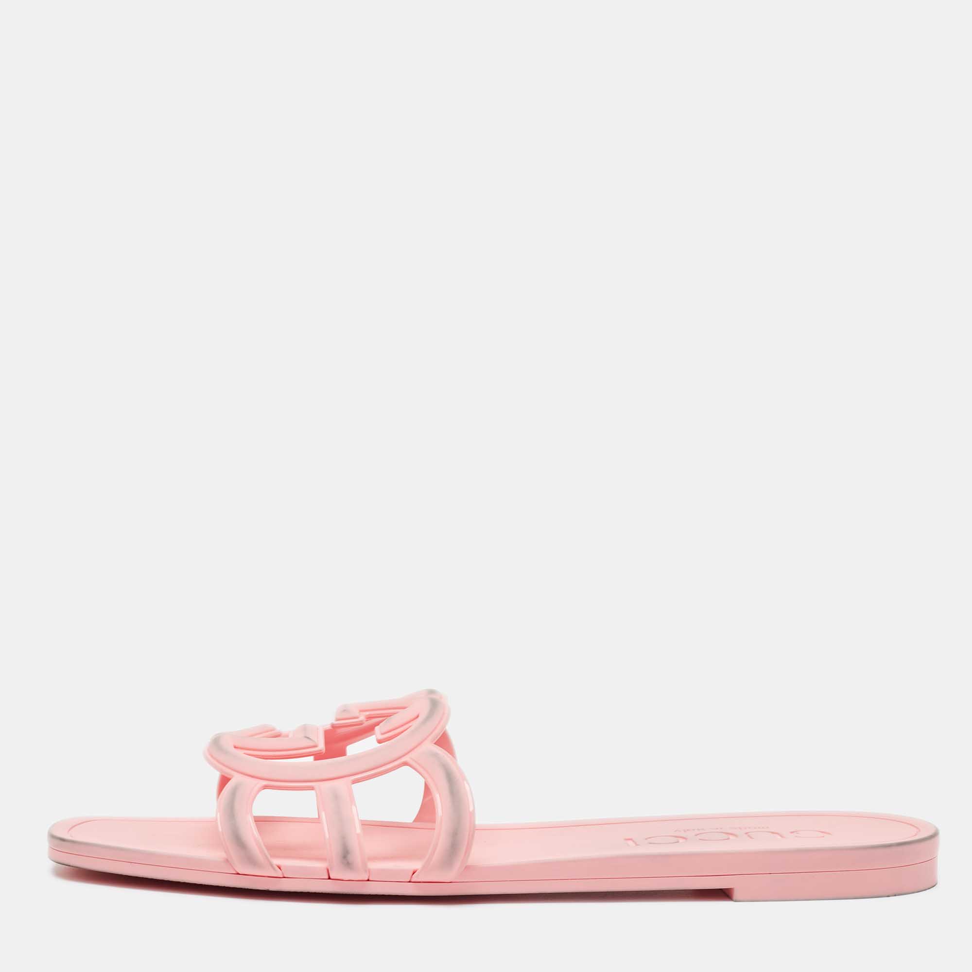 Gucci Pink Rubber Interlocking G Flat Slides Size 40