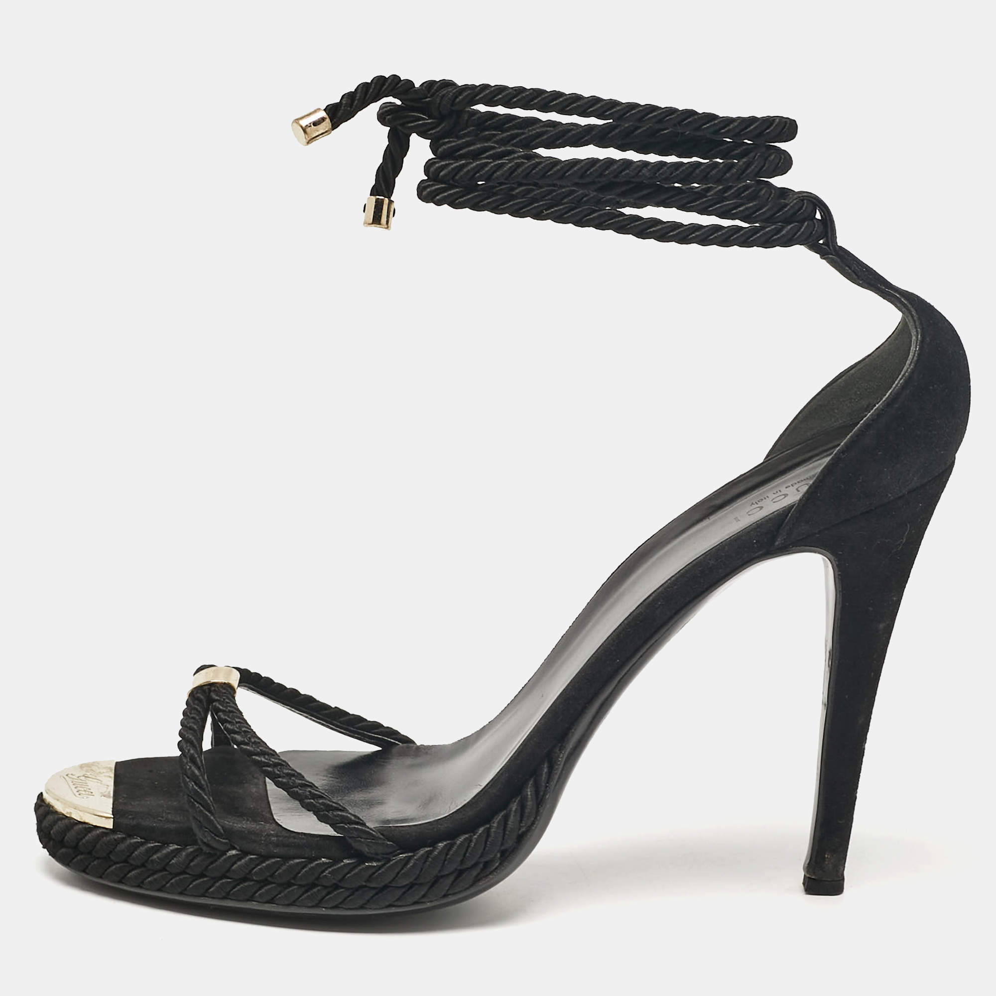 Pre Owned Gucci Black Suede and Woven Fabric Ankle Strap Sandals Size 41