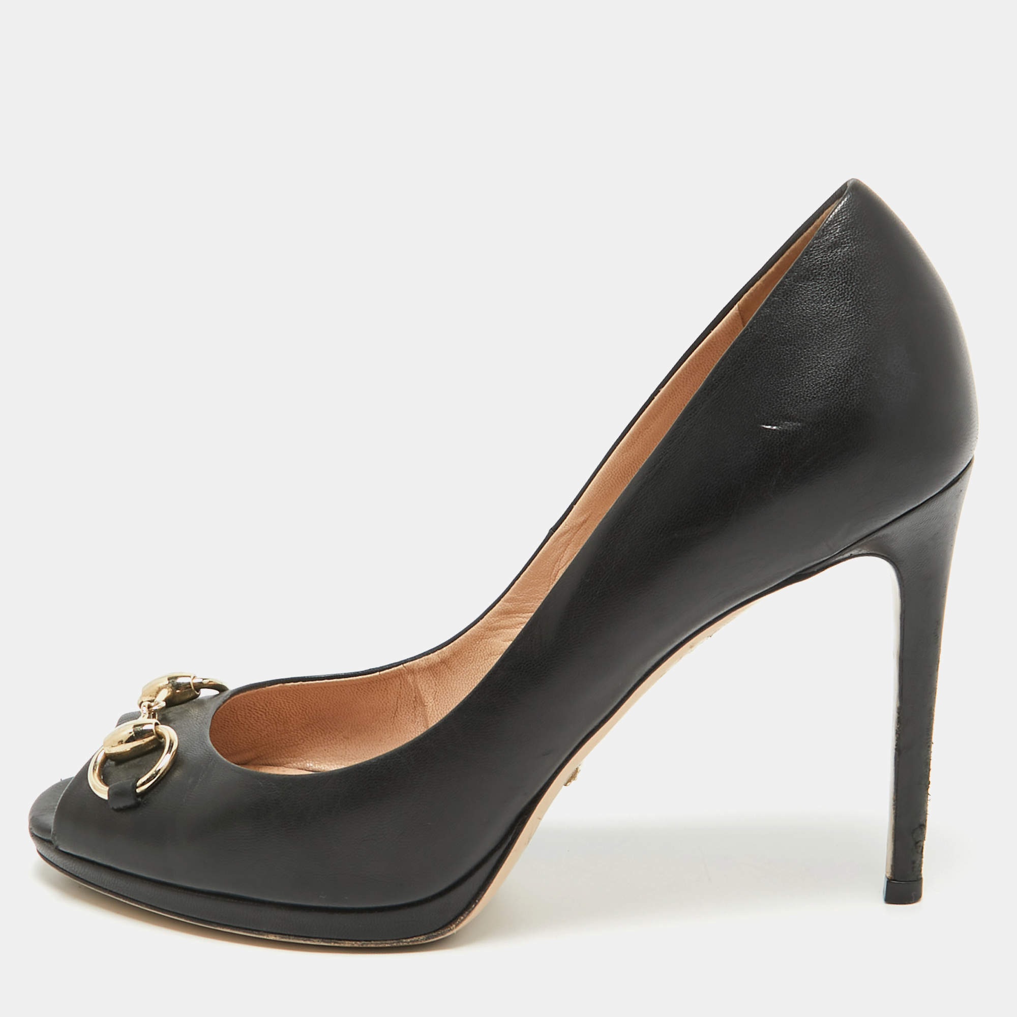 Gucci Black Leather Hollywood Peep Toe Pumps Size 38.5