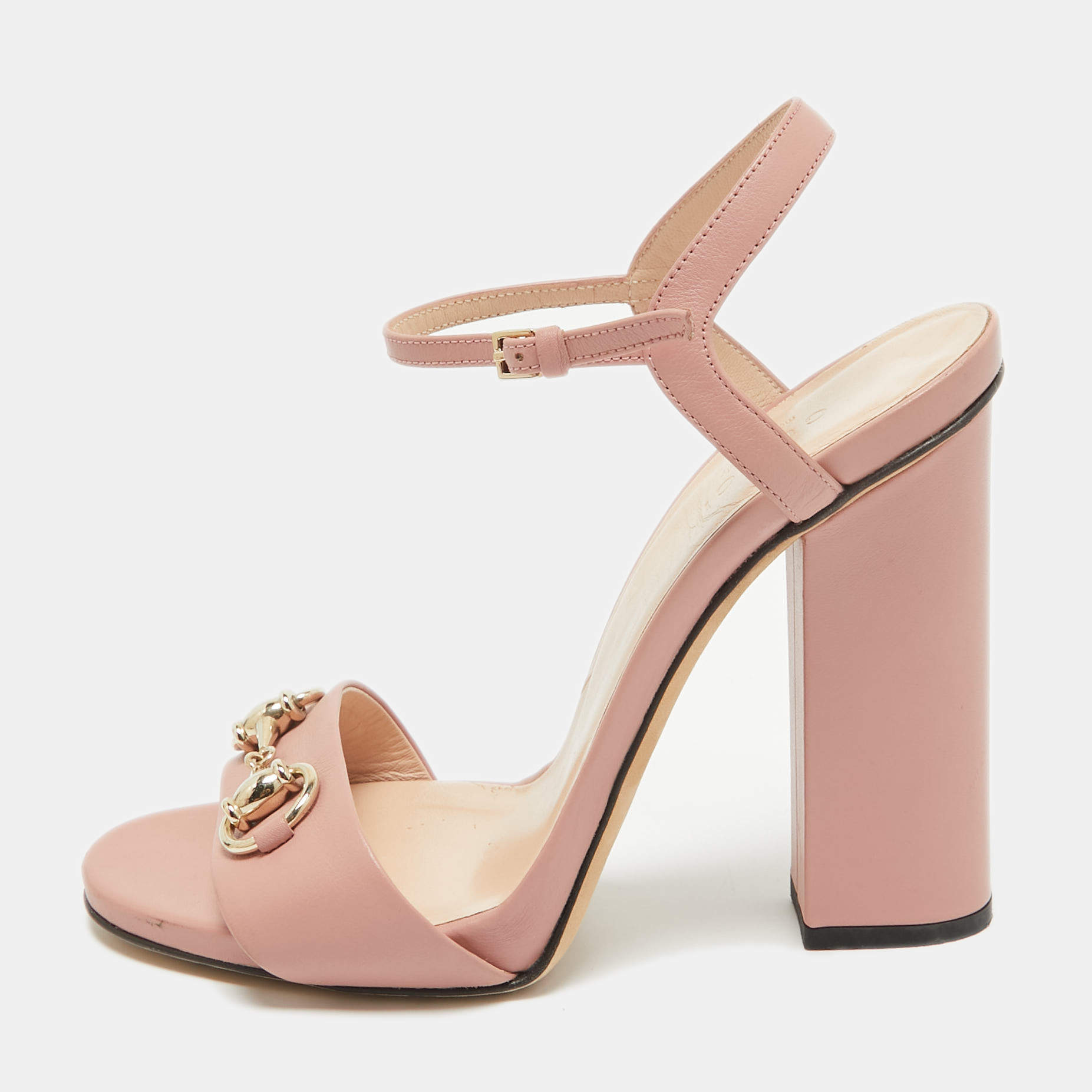 Pre Owned Gucci Pink Leather Horsebit Ankle Strap Sandals Size 37