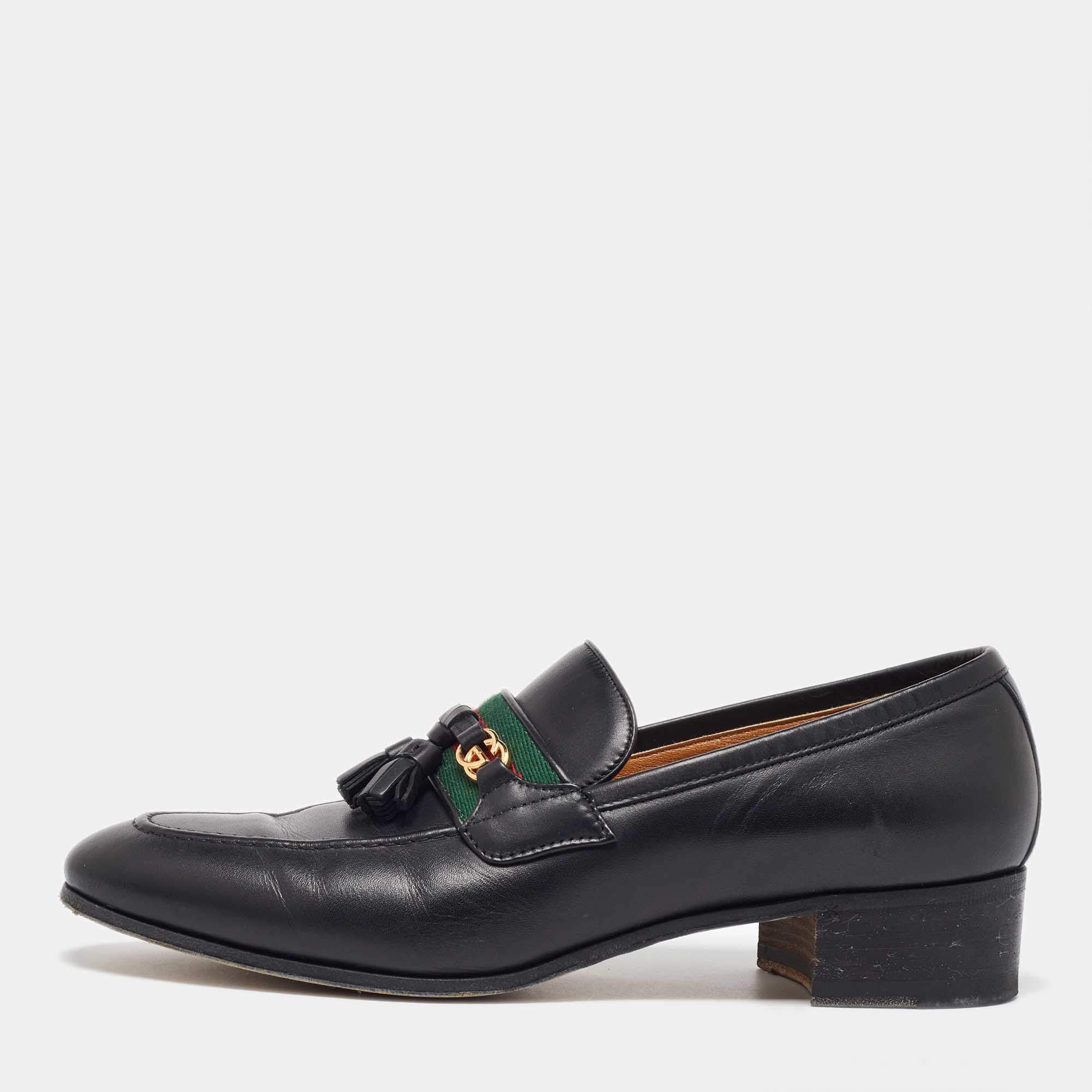 Pre Owned Gucci Black Leather Web GG Detailed Tassel Loafers Size 39
