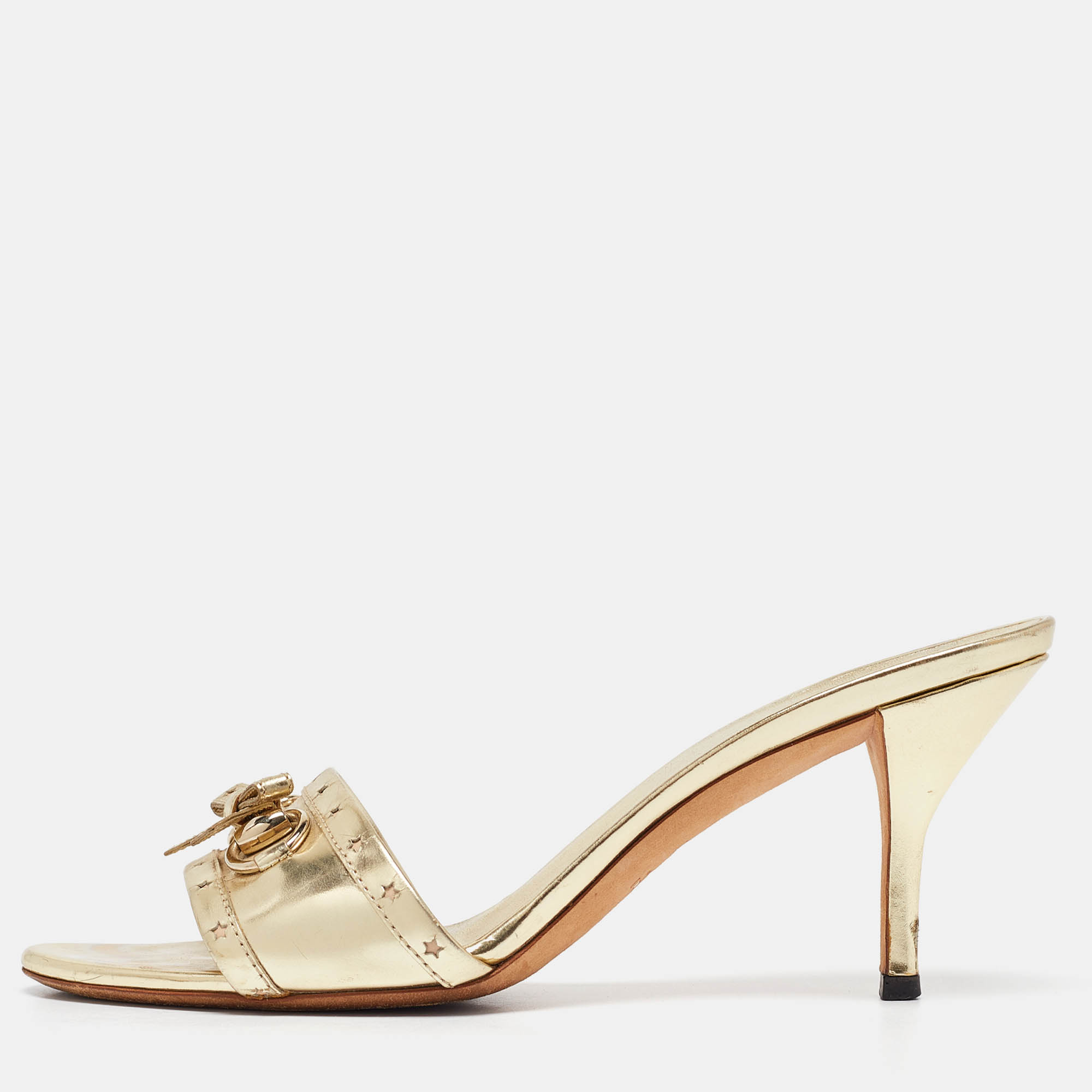 مملوكة مسبقًا Gucci Gold Leather Bow Slide Sandals Size 39