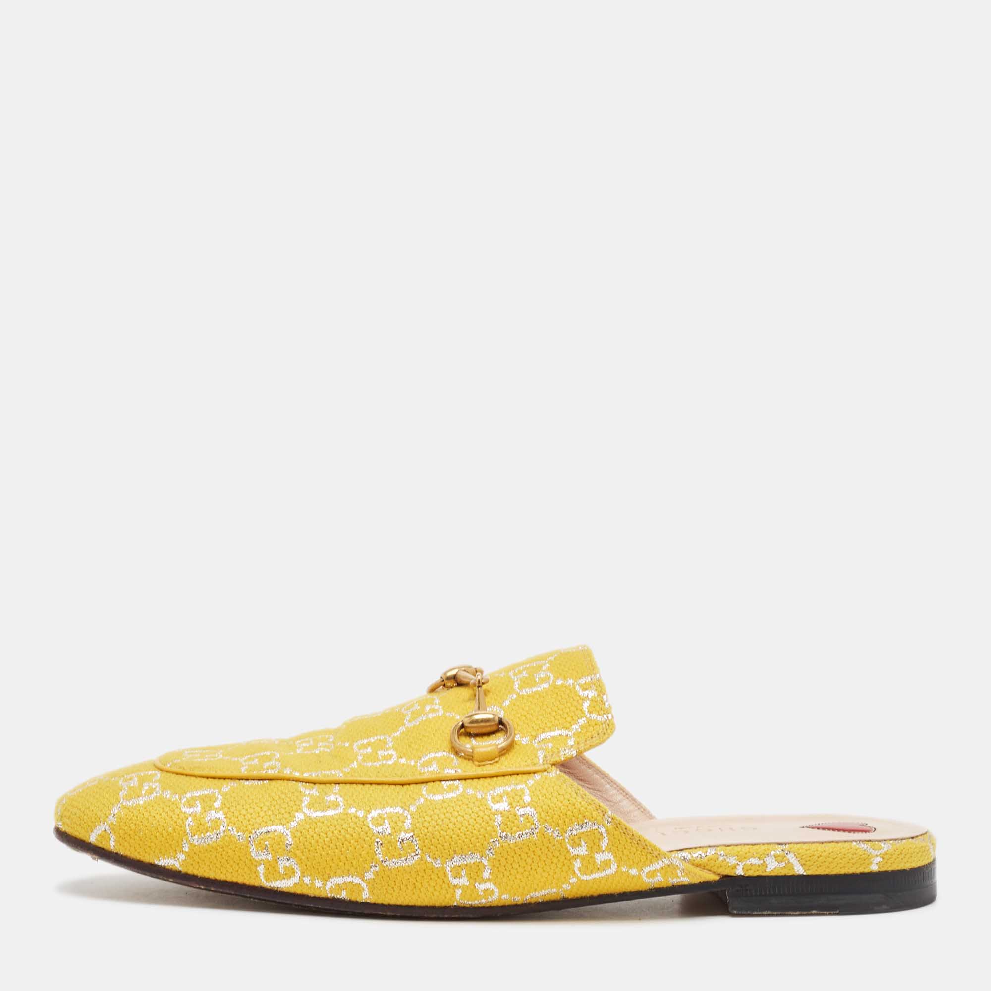 Pre Owned Gucci Yellow GG Fabric Princetown Flat Mules Size 39.5